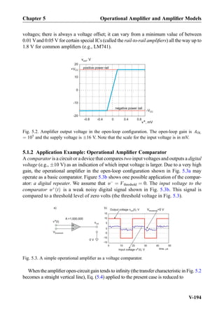 voltages; there is always a voltage offset; it can vary from a minimum value of between
0.01 Vand 0.05 V for certain special ICs (called the rail-to-rail ampliﬁers) all the way up to
1.8 V for common ampliﬁers (e.g., LM741).
5.1.2 Application Example: Operational Ampliﬁer Comparator
A comparator is a circuit or a device that compares two input voltages and outputs a digital
voltage (e.g., Æ10 V) as an indication of which input voltage is larger. Due to a very high
gain, the operational ampliﬁer in the open-loop conﬁguration shown in Fig. 5.3a may
operate as a basic comparator. Figure 5.3b shows one possible application of the compar-
ator: a digital repeater. We assume that υÀ
¼ Vthreshold ¼ 0. The input voltage to the
comparator υþ
tð Þ is a weak noisy digital signal shown in Fig. 5.3b. This signal is
compared to a threshold level of zero volts (the threshold voltage in Fig. 5.3).
When the ampliﬁer open-circuit gain tends to inﬁnity (the transfer characteristic in Fig. 5.2
becomes a straight vertical line), Eq. (5.4) applied to the present case is reduced to
v , Vout
+VCC
-0.8 -0.4 0 0.4 0.8
-20
-10
0
10
20
-VCC
positive power rail
negative power rail
v , mV+
Fig. 5.2. Ampliﬁer output voltage in the open-loop conﬁguration. The open-loop gain is AOL
¼ 105
and the supply voltage is Æ16 V. Note that the scale for the input voltage is in mV.
vout
+
-
Vthreshold
A =1,000,000
Output voltage (t), Vvout
0
5
10
15
-5
-10
-15
0 10 20 30 40 50
time, μs
0 V
a) b)
V =0 Vthreshold
v (t)+
Input voltage v (t), V+
Fig. 5.3. A simple operational ampliﬁer as a voltage comparator.
Chapter 5 Operational Ampliﬁer and Ampliﬁer Models
V-194
 