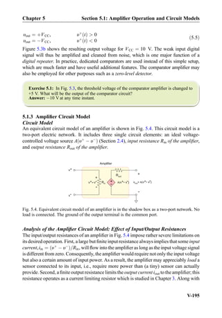 υout ¼ þVCC, υþ
tð Þ  0
υout ¼ ÀVCC, υþ
tð Þ  0
ð5:5Þ
Figure 5.3b shows the resulting output voltage for VCC ¼ 10 V. The weak input digital
signal will thus be ampliﬁed and cleaned from noise, which is one major function of a
digital repeater. In practice, dedicated comparators are used instead of this simple setup,
which are much faster and have useful additional features. The comparator ampliﬁer may
also be employed for other purposes such as a zero-level detector.
Exercise 5.1: In Fig. 5.3, the threshold voltage of the comparator ampliﬁer is changed to
+5 V. What will be the output of the comparator circuit?
Answer: À10 V at any time instant.
5.1.3 Ampliﬁer Circuit Model
Circuit Model
An equivalent circuit model of an ampliﬁer is shown in Fig. 5.4. This circuit model is a
two-port electric network. It includes three single circuit elements: an ideal voltage-
controlled voltage source A υþ
À υÀ
ð Þ (Section 2.4), input resistance Rin of the ampliﬁer,
and output resistance Rout of the ampliﬁer.
Analysis of the Ampliﬁer Circuit Model: Effect of Input/Output Resistances
The input/output resistances of an ampliﬁer in Fig. 5.4 impose rather severe limitations on
its desired operation. First, a large but ﬁnite input resistance always implies that some input
current,iin ¼ υþ
À υÀ
ð Þ=Rin, will ﬂow into the ampliﬁer as long as the input voltage signal
is different from zero. Consequently, the ampliﬁer would require not only the input voltage
but also a certain amount of input power. As a result, the ampliﬁer may appreciably load a
sensor connected to its input, i.e., require more power than (a tiny) sensor can actually
provide. Second, a ﬁnite output resistance limits the output current iout to the ampliﬁer; this
resistance operates as a current limiting resistor which is studied in Chapter 3. Along with
+
-
vout=
Rout
Rin
+
-
+
-
Amplifier
v+
v-
-v- A(v v )-+ -
v+
A(v v )-+ -
Fig. 5.4. Equivalent circuit model of an ampliﬁer is in the shadow box as a two-port network. No
load is connected. The ground of the output terminal is the common port.
Chapter 5 Section 5.1: Ampliﬁer Operation and Circuit Models
V-195
 