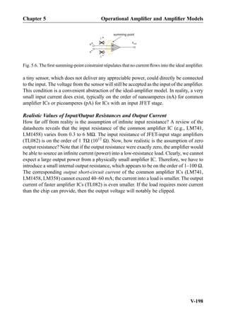 a tiny sensor, which does not deliver any appreciable power, could directly be connected
to the input. The voltage from the sensor will still be accepted as the input of the ampliﬁer.
This condition is a convenient abstraction of the ideal-ampliﬁer model. In reality, a very
small input current does exist, typically on the order of nanoamperes (nA) for common
ampliﬁer ICs or picoamperes (pA) for ICs with an input JFET stage.
Realistic Values of Input/Output Resistances and Output Current
How far off from reality is the assumption of inﬁnite input resistance? A review of the
datasheets reveals that the input resistance of the common ampliﬁer IC (e.g., LM741,
LM1458) varies from 0.3 to 6 MΩ. The input resistance of JFET-input stage ampliﬁers
(TL082) is on the order of 1 TΩ (1012
Ω). Now, how realistic is the assumption of zero
output resistance? Note that if the output resistance were exactly zero, the ampliﬁer would
be able to source an inﬁnite current (power) into a low-resistance load. Clearly, we cannot
expect a large output power from a physically small ampliﬁer IC. Therefore, we have to
introduce a small internal output resistance, which appears to be on the order of 1–100 Ω.
The corresponding output short-circuit current of the common ampliﬁer ICs (LM741,
LM1458, LM358) cannot exceed 40–60 mA; the current into a load is smaller. The output
current of faster ampliﬁer ICs (TL082) is even smaller. If the load requires more current
than the chip can provide, then the output voltage will notably be clipped.
+
-
vout
summing point
v+
v-
i +
i -
Fig. 5.6. The ﬁrst summing-point constraint stipulates that no current ﬂows into the ideal ampliﬁer.
Chapter 5 Operational Ampliﬁer and Ampliﬁer Models
V-198
 