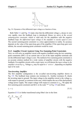 Both Table 5.1 and Fig. 5.8 make clear that the differential voltage υx decays to zero
very rapidly, once the feedback loop is introduced. Hence we arrive at the second
summing-point constraint, which is valid only for the ampliﬁers with the negative
feedback loop: the differential input voltage to the ampliﬁer is exactly equal to zero.
The second summing-point constraint is a close approximation to reality. Its accuracy
depends on the value of the open-loop gain of the ampliﬁer. If the open-loop gain were
inﬁnite, the second summing-point constraint would be exact.
5.2.3 Ampliﬁer Circuit Analysis Using Two Summing-Point Constraints
Next, we will solve an ampliﬁer circuit with negative feedback using the two summing-
point constraints (SPC): (i) no current into or out of the input ampliﬁer terminals and
(ii) the differential input voltage is zero. The method of two summing-point constraints is
an accurate solution method for a wide variety of ampliﬁer circuits with the negative
feedback. For ampliﬁer circuits with a single input, we will denote the input voltage to the
ampliﬁer circuit by υin. Voltage υin may be equal to υþ
or to υÀ
, depending on ampliﬁer
type to be used.
Non-inverting Ampliﬁer
The ﬁrst ampliﬁer conﬁguration is the so-called non-inverting ampliﬁer shown in
Fig. 5.9. The feedback loop contains one resistance R2. Another resistance R1 shunts
the inverting input to ground. The input voltage to the ampliﬁer circuit is the voltage υin
with respect to ground, or common in this case, which implies the use of the dual-polarity
voltage power supply. The output voltage with respect to common is υout. We apply the
ﬁrst summing-point constraint and KCL to the node “*” in Fig. 5.9 and obtain
i1 ¼ i2 ð5:11Þ
Equation (5.11) is further transformed using Ohm’s law in the form
υ* À 0
R1
¼
υout À υ*
R2
ð5:12Þ
10V
5V
0V
0 1 2
2.5V
vx
time, μs3
Fig. 5.8. Dynamics of the differential input voltage as a function of time.
Chapter 5 Section 5.2: Negative Feedback
V-201
 