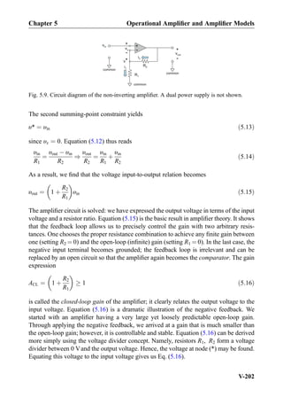 The second summing-point constraint yields
υ* ¼ υin ð5:13Þ
since υx ¼ 0. Equation (5.12) thus reads
υin
R1
¼
υout À υin
R2
)
υout
R2
¼
υin
R1
þ
υin
R2
ð5:14Þ
As a result, we ﬁnd that the voltage input-to-output relation becomes
υout ¼ 1 þ
R2
R1
 
υin ð5:15Þ
The ampliﬁer circuit is solved: we have expressed the output voltage in terms of the input
voltage and a resistor ratio. Equation (5.15) is the basic result in ampliﬁer theory. It shows
that the feedback loop allows us to precisely control the gain with two arbitrary resis-
tances. One chooses the proper resistance combination to achieve any ﬁnite gain between
one (setting R2 ¼ 0) and the open-loop (inﬁnite) gain (setting R1 ¼ 0). In the last case, the
negative input terminal becomes grounded; the feedback loop is irrelevant and can be
replaced by an open circuit so that the ampliﬁer again becomes the comparator. The gain
expression
ACL ¼ 1 þ
R2
R1
 
! 1 ð5:16Þ
is called the closed-loop gain of the ampliﬁer; it clearly relates the output voltage to the
input voltage. Equation (5.16) is a dramatic illustration of the negative feedback. We
started with an ampliﬁer having a very large yet loosely predictable open-loop gain.
Through applying the negative feedback, we arrived at a gain that is much smaller than
the open-loop gain; however, it is controllable and stable. Equation (5.16) can be derived
more simply using the voltage divider concept. Namely, resistors R1, R2 form a voltage
divider between 0 Vand the output voltage. Hence, the voltage at node (*) may be found.
Equating this voltage to the input voltage gives us Eq. (5.16).
vin +
-
common
R2
R1
vout
common
+
-
+
-
vx
i2
i1
v*
common
Fig. 5.9. Circuit diagram of the non-inverting ampliﬁer. A dual power supply is not shown.
Chapter 5 Operational Ampliﬁer and Ampliﬁer Models
V-202
 