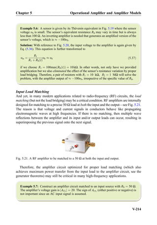 Example 5.6: A sensor is given by its Thévenin equivalent in Fig. 5.19 where the sensor
voltage υS is small. The sensor’s equivalent resistance RS may vary in time but is always
less than 100 Ω. An inverting ampliﬁer is needed that generates an ampliﬁed version of the
sensor’s voltage, which is % À100υS.
Solution: With reference to Fig. 5.20, the input voltage to the ampliﬁer is again given by
Eq. (5.36). This equation is further transformed to
υin ¼
R1
R1 þ RS tð Þ
υS % υS ð5:37Þ
if we choose R1 ¼ 100max RS tð Þð Þ ¼ 10kΩ. In other words, not only have we provided
ampliﬁcation but we also eliminated the effect of the sensor’s resistance variation by proper
load bridging. Therefore, a pair of resistors with R1 ¼ 10 kΩ, R2 ¼ 1 MΩ will solve the
problem, with the ampliﬁer output of % À100υS, irrespective of the speciﬁc value of RS.
Input Load Matching
And yet, in many modern applications related to radio-frequency (RF) circuits, the load
matching (but not the load bridging) may be a critical condition. RF ampliﬁers are internally
designed for matching to a precise 50 Ω load at both the input and the output—see Fig. 5.21.
The reason is that voltage and current signals in conductors behave like propagating
electromagnetic waves at high frequencies. If there is no matching, then multiple wave
reﬂections between the ampliﬁer and its input and/or output loads can occur, resulting in
superimposing the previous signal onto the next signal.
Therefore, the ampliﬁer circuit optimized for proper load matching (which also
achieves maximum power transfer from the input load to the ampliﬁer circuit, see the
generator theorems) may still be critical in many high-frequency applications.
Example 5.7: Construct an ampliﬁer circuit matched to an input source with RS ¼ 50 Ω.
The ampliﬁer’s voltage gain is ACLj j ¼ 20. The sign of ACL (either positive or negative) is
not important since an AC input signal is assumed.
Fig. 5.21. A RF ampliﬁer to be matched to a 50 Ω at both the input and output.
Chapter 5 Operational Ampliﬁer and Ampliﬁer Models
V-214
 