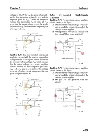 voltage of 10 mV by υin, the input offset volt-
age by VOS, the output voltage by υout, and the
ampliﬁer gain by ACL. Derive an analytical
formula that determines Voff in terms of VOS
given that the output voltage υout to the ampli-
ﬁer must exactly follow the ideal-ampliﬁer gain
law: υout ¼ ACLυin.
actual op-ampR2
R1
vout
+
-
+
-
ideal op-amp
0 V
+
-
+
-
vin
Voff
VOS
0 V
Problem 5.71. For two nonideal operational
ampliﬁer circuits (with the nonzero input offset
voltage) shown in the ﬁgures below, determine
the necessary offset voltage, Voff, which ensures
that the output voltage, υout, to the ampliﬁer
exactly follows the ideal-ampliﬁer gain law:
υout ¼ ACLυin. You need to express this voltage
in terms of other circuit parameters that are
given in ﬁgures a) and b).
actual op-ampR2
R1
vout
+
-
+
-
ideal op-amp
+
-
+
-
vin VOS
actual op-ampR2
R1
vout
+
-
+
-
ideal op-amp
0 V
+
-
+
-
vin
Voff
VOS
a)
b)
0 V
0 V
Voff0 V
5.3.6 DC-Coupled Single-Supply
Ampliﬁer
Problem 5.72. For the single-supply ampliﬁer
circuit shown in the ﬁgure:
A. Determine the output voltage versus cir-
cuit ground (the negative terminal of the
voltage power supply).
B. What potential problem do you see with
this circuit? How could you ﬁx it?
0 V
+
-
100 mV=vS
100 =RS
+
-
0.9 M
100 k
+
-
9 V=VCC
2 k
virtual ground circuit 1 k
0 V
9 V=VCC vout
+ -
Problem 5.73. For the single-supply ampliﬁer
circuit shown in the ﬁgure:
A. Determine the output voltage versus cir-
cuit ground (the negative terminal of the
voltage power supply).
B. Do you see any problem with this
circuit?
0 V
+
-
1 mV=vS
100 =RS
+
-
0.9 M
1 k
+
-
12 V=VCC
100 k
virtual ground circuit
100 k
0 V
12 V=VCC vout
+ -
vx
Chapter 5 Problems
V-251
 