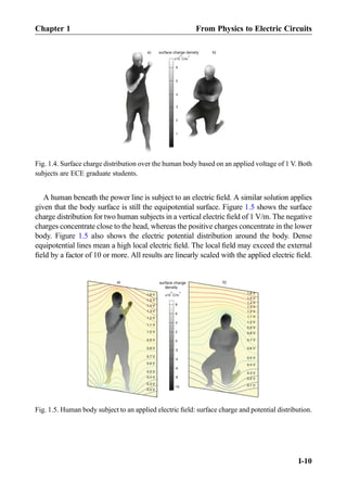 A human beneath the power line is subject to an electric ﬁeld. A similar solution applies
given that the body surface is still the equipotential surface. Figure 1.5 shows the surface
charge distribution for two human subjects in a vertical electric ﬁeld of 1 V/m. The negative
charges concentrate close to the head, whereas the positive charges concentrate in the lower
body. Figure 1.5 also shows the electric potential distribution around the body. Dense
equipotential lines mean a high local electric ﬁeld. The local ﬁeld may exceed the external
ﬁeld by a factor of 10 or more. All results are linearly scaled with the applied electric ﬁeld.
8
6
4
2
0
-2
-4
-6
-8
-10
x10 C/m
-11 2
0.2 V
0.3 V
0.4 V
0.5 V
0.6 V
0.7 V
0.8 V
0.9 V
1.0 V
1.1 V
1.2 V
1.3 V
1.4 V
1.5 V
1.6 V
a)
0.1 V
0.2 V
0.3 V
0.4 V
0.5 V
0.6 V
0.7 V
0.8 V
0.9 V
1.0 V
1.1 V
1.2 V
1.3 V
1.4 V
1.5 V
1.6 V
surface charge
density
b)
Fig. 1.5. Human body subject to an applied electric ﬁeld: surface charge and potential distribution.
1
2
3
4
5
6
x10 C/m
-11 2
a) b)surface charge density
Fig. 1.4. Surface charge distribution over the human body based on an applied voltage of 1 V. Both
subjects are ECE graduate students.
Chapter 1 From Physics to Electric Circuits
I-10
 