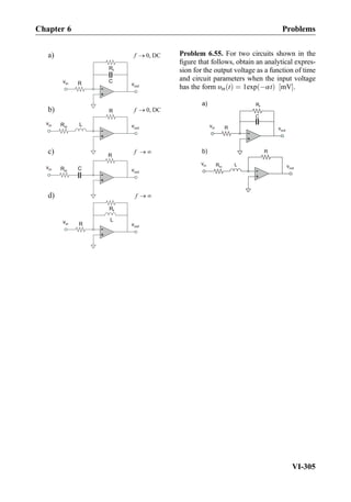 +
-
R
vout
vin CRin
+
-
L
vout
vin R
Rf
+
-L vout
vin
R
Rin
+
-R vout
vin C
Rf
DC,0a)
DC,0b)
c)
d)
Problem 6.55. For two circuits shown in the
ﬁgure that follows, obtain an analytical expres-
sion for the output voltage as a function of time
and circuit parameters when the input voltage
has the form υin tð Þ ¼ 1exp Àαtð Þ mV½ Š.
+
-R vout
vin
C
Rf
+
-L vout
vin
R
Rin
a)
b)
Chapter 6 Problems
VI-305
 