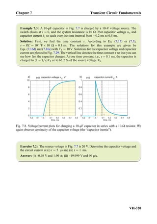 Example 7.3: A 10-μF capacitor in Fig. 7.7 is charged by a 10-V voltage source. The
switch closes at t ¼ 0, and the system resistance is 10 Ω. Plot capacitor voltage υC and
capacitor current iC to scale over the time interval from À0.2 ms to 0.5 ms.
Solution: First, we ﬁnd the time constant τ. According to Eq. (7.15) or (7.5),
τ ¼ RC ¼ 10À5
F Â 10 Ω ¼ 0:1ms. The solutions for this example are given by
Eqs. (7.16d) and (7.16e) with VS ¼ 10V. Solutions for the capacitor voltage and capacitor
current are plotted in Fig. 7.29. The vertical line denotes the time constant τ so that you can
see how fast the capacitor charges. At one time constant, i.e., τ ¼ 0.1 ms, the capacitor is
charged to 1 À 1=eð ÞVS or to 63.2 % of the source voltage VS.
Exercise 7.2: The source voltage in Fig. 7.7 is 20 V. Determine the capacitor voltage and
the circuit current at (i) t ¼ 5 μs and (ii) t ¼ 1 ms.
Answer: (i) –0.98 V and 1.90 A; (ii) –19.999 V and 90 μA.
0
2
4
6
8
10
τ
capacitor voltage v C
, Vt0
0
0.2
0.4
0.6
0.8
1
τ
capacitor current iC
, At0a) b)
-0.2 -0.1 0 0.1 0.2 0.3 0.4 0.5
time, ms
-0.2 -0.1 0 0.1 0.2 0.3 0.4 0.5
time, ms
Fig. 7.8. Voltage/current plots for charging a 10-μF capacitor in series with a 10-Ω resistor. We
again observe continuity of the capacitor voltage (the “capacitor inertia”).
Chapter 7 Transient Circuit Fundamentals
VII-320
 