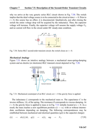 why we arrive at the very generic series RLC circuit shown in Fig. 7.30. The switch
implies that the ideal voltage source is to be connected to the circuit at time t ¼ 0. Prior to
t ¼ 0, this source has no effect, it is disconnected. Qualitatively, just after closing the
switch the entire voltage drop will be acquired by the inductance. Then, the capacitor
voltage will increase. Finally, the capacitor voltage will assume the supply voltage VS,
and no current will ﬂow in the circuit under DC steady-state condition.
Mechanical Analogy
Figure 7.31 shows an intuitive analogy between a mechanical mass-spring-damping
system and an electric (or electronic) RLC transient circuit depicted in Fig. 7.30.
The inductance L corresponds to the mechanical mass m. The capacitance C is the
inverse stiffness, 1/k, of the spring. The resistance R corresponds to viscous damping. At
t ¼ 0, the gravity force is applied to mass m in Fig. 7.31 initially located at x ¼ 0. As a
result, the mass reaches a new equilibrium position x t ! 1ð Þ with or without interme-
diate oscillations depending on damping. The following correspondences may be
established between mechanical and electrical quantities (q(t) is the capacitor charge):
i ið Þ ! dx tð Þ=dt, q tð Þ ! x tð Þ, mg ! VS ð7:59Þ
+- vC
+
-VS L
C
Rt=0
+
-
vL
i(t)
i(t)
LC network
Fig. 7.30. Series RLC second-order transient circuit; the switch closes at t ¼ 0.
x(t=0)=0
k
a)
viscous
damping
m
viscous
damping
x(t) equilibrium
transient behavior
t
x
b)
m
Fig. 7.31. Mechanical counterpart of an RLC circuit; at t ¼ 0 the gravity force is applied.
Chapter 7 Section 7.5: Description of the Second-Order Transient Circuits
VII-347
 