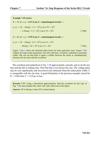 Example 7.10 (cont.):
R ¼ 30 Ω ) ζ ¼ 0:47 (Case C—underdamped circuit) )
υC tð Þ ¼ 10 À 10exp À1:5 Â 107
t
À Á
cos 2:78 Â 107
t
À 5:39exp À1:5 Â 107
t
À Á
sin 2:78 Â 107
t ð7:90bÞ
R ¼ 60 Ω ) ζ ¼ 0:95 (Case C—underdamped circuit) )
υC tð Þ ¼ 10 À 10exp À3:0 Â 107
t
À Á
cos 1:0 Â 107
t
À 30exp À3:0 Â 107
t
À Á
sin 1:0 Â 107
t ð7:90cÞ
Figure 7.38a–c shows the distorted pulse forms for three particular cases. Figure 7.38a
outlines the major pulse parameters: rise time, fall time, overshoot, undershoot, and pulse
width. One can see that there is again a conﬂict between the desire to simultaneously
decrease the rise time and the overshoot.
The overshoot and undershoot in Fig. 7.38 approximately coincide, and so do the rise
time and the fall or settling time. Note that this is not always the case. The voltage pulse
may be very signiﬁcantly and unsymmetrically distorted when the initial pulse width, T,
is comparable with the rise time. A good illustration is the previous example solved for
R ¼ 15 Ω when T ¼ 0:25μs or less.
Exercise 7.17: Using a theoretical approximation, ﬁnd the overshoot for the case of
Fig. 7.38a and compare this value with value observed on the ﬁgure.
Answer: 48 % (theory) versus 50 % (observation).
Chapter 7 Section 7.6: Step Response of the Series RLC Circuit
VII-361
 