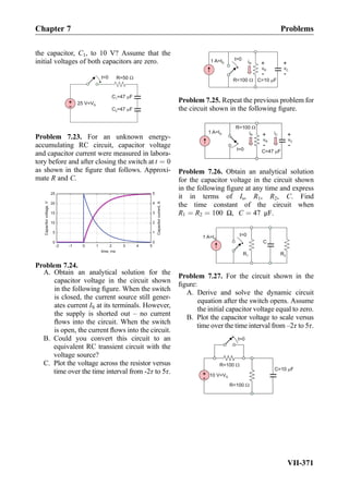 the capacitor, C1, to 10 V? Assume that the
initial voltages of both capacitors are zero.
t=0 R=50
+
-
25 V=VS
C =47 F1
C =47 F2
Problem 7.23. For an unknown energy-
accumulating RC circuit, capacitor voltage
and capacitor current were measured in labora-
tory before and after closing the switch at t ¼ 0
as shown in the ﬁgure that follows. Approxi-
mate R and C.
-2 -1 0 1 2 3 4 5
0
5
10
15
20
25
time, ms
0
1
2
3
4
5
Capacitorvoltage,V
Capacitorcurrent,A
Problem 7.24.
A. Obtain an analytical solution for the
capacitor voltage in the circuit shown
in the following ﬁgure. When the switch
is closed, the current source still gener-
ates current IS at its terminals. However,
the supply is shorted out – no current
ﬂows into the circuit. When the switch
is open, the current ﬂows into the circuit.
B. Could you convert this circuit to an
equivalent RC transient circuit with the
voltage source?
C. Plot the voltage across the resistor versus
time over the time interval from -2τ to 5τ.
C=10 F
iR
R=100
vR
+
-
1 A=IS
t=0
vC
+
-
Problem 7.25. Repeat the previous problem for
the circuit shown in the following ﬁgure.
t=0 C=47 F
iR
R=100
vR
+
-
1 A=IS iC +
-
vC
Problem 7.26. Obtain an analytical solution
for the capacitor voltage in the circuit shown
in the following ﬁgure at any time and express
it in terms of Is, R1, R2, C. Find
the time constant of the circuit when
R1 ¼ R2 ¼ 100 Ω, C ¼ 47 μF.
C
1 A=IS
t=0
R1 R2
Problem 7.27. For the circuit shown in the
ﬁgure:
A. Derive and solve the dynamic circuit
equation after the switch opens. Assume
the initial capacitor voltage equal to zero.
B. Plot the capacitor voltage to scale versus
time over the time interval from –2τ to 5τ.
t=0
C=10 F
R=100
10 V=VS
R=100
+
-
Chapter 7 Problems
VII-371
 