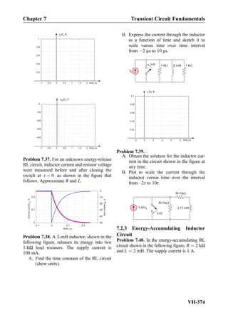 i (t), AL
time,ms-1 -0.5 0 0.5 1 1.5 2
0.2
0.4
0.6
0.8
1
v (t), VR
time, s-1 -0.5 0 0.5 1 1.5 2
-400
-300
-200
-100
0
m
Problem 7.37. For an unknown energy-release
RL circuit, inductor current and resistor voltage
were measured before and after closing the
switch at t ¼ 0 as shown in the ﬁgure that
follows. Approximate R and L.
time, s
-0.1 0 0.1 0.2
0
0.1
0.2
inductorcurrentiL
,A
-50
-40
-30
-20
-10
0
loadvoltagevR
,V
m
Problem 7.38. A 2-mH inductor, shown in the
following ﬁgure, releases its energy into two
1-kΩ load resistors. The supply current is
100 mA.
A. Find the time constant of the RL circuit
(show units).
B. Express the current through the inductor
as a function of time and sketch it to
scale versus time over time interval
from À2 μs to 10 μs.
IS
1 kW 2 mHt=0 1 kW
i (t), AL
time,ms-2 0 2 4 6 8
0.02
0.04
0.06
0.08
0.1
Problem 7.39.
A. Obtain the solution for the inductor cur-
rent in the circuit shown in the ﬁgure at
any time.
B. Plot to scale the current through the
inductor versus time over the interval
from –2τ to 10τ.
t=0
L=1 mH
R=1kW
1 A=IS
R=1kW
7.2.3 Energy-Accumulating Inductor
Circuit
Problem 7.40. In the energy-accumulating RL
circuit shown in the following ﬁgure, R ¼ 2 kΩ
and L ¼ 2 mH. The supply current is 1 A.
Chapter 7 Transient Circuit Fundamentals
VII-374
 
