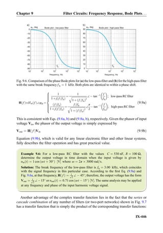 H fð ÞHm fð Þ∠φH ¼
1
1þj f =fbð Þ
¼
1
ﬃﬃﬃﬃﬃﬃﬃﬃﬃﬃﬃﬃﬃﬃﬃﬃﬃﬃﬃﬃﬃﬃﬃ
1þ f =fbð Þ2
q ∠À tanÀ1 f
fb
 
; low-pass RC filter
f =fbð Þ
1þj f =fbð Þ
¼
f =fb
ﬃﬃﬃﬃﬃﬃﬃﬃﬃﬃﬃﬃﬃﬃﬃﬃﬃﬃﬃﬃﬃﬃﬃ
1þ f =fbð Þ2
q ∠
π
2
À tanÀ1 f
fb
 
; high-pass RC filter
8

:
ð9:9aÞ
This is consistent with Eqs. (9.6a, b) and (9.8a, b), respectively. Given the phasor of input
voltage Vin, the phasor of the output voltage is simply expressed by
Vout ¼ H fð ÞVin ð9:9bÞ
Equation (9.9b), which is valid for any linear electronic ﬁlter and other linear systems,
fully describes the ﬁlter operation and has great practical value.
Example 9.6: For a low-pass RC ﬁlter with the values C ¼ 530 nF, R ¼ 100 Ω,
determine the output voltage in time domain when the input voltage is given by
υin tð Þ ¼ 1 cos ωt þ 30
ð Þ V½ Š where ω ¼ 2π Â 3000 rad=s.
Solution: The break frequency of the low-pass ﬁlter is fb ¼ 3:00 kHz, which coincides
with the signal frequency in this particular case. According to the ﬁrst Eq. (9.9a) and
Fig. 9.6a, at that frequency, H fð Þ ¼ 1ﬃﬃ
2
p ∠ À 45
; therefore, the output voltage has the form
Vout ¼ 1ﬃﬃ
2
p ∠À15
or υout tð Þ ¼ 0:71 cos ωt À 15
ð Þ V½ Š. The same analysis may be applied
at any frequency and phase of the input harmonic voltage signal.
Another advantage of the complex transfer function lies in the fact that the series or
cascade combination of any number of ﬁlters (or two-port networks) shown in Fig. 9.7
has a transfer function that is simply the product of the corresponding transfer functions:
Bode plot - low-pass filter Bode plot - high-pass filter
b)a)
0
10
20
30
40
50
60
70
80
90
φH, deg
-90
-80
-70
-60
-50
-40
-30
-20
-10
0
fbfb
φH, deg
10
1
10
2
10
3
10
4
10
5
frequency, Hz
10
1
10
2
10
3
10
4
10
5
frequency, Hz
Fig. 9.6. Comparison of the phase Bode plots for (a) the low-pass-ﬁlter and (b) for the high-pass ﬁlter
with the same break frequency f b ¼ 1 kHz. Both plots are identical to within a phase shift.
Chapter 9 Filter Circuits: Frequency Response, Bode Plots. . .
IX-446
 