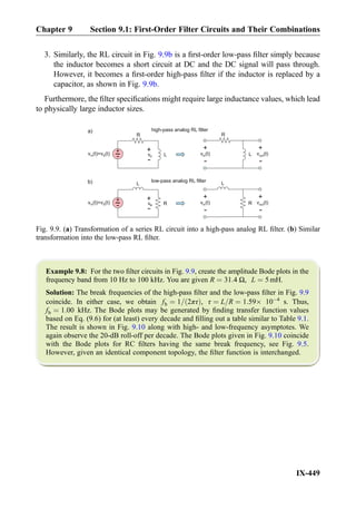 3. Similarly, the RL circuit in Fig. 9.9b is a ﬁrst-order low-pass ﬁlter simply because
the inductor becomes a short circuit at DC and the DC signal will pass through.
However, it becomes a ﬁrst-order high-pass ﬁlter if the inductor is replaced by a
capacitor, as shown in Fig. 9.9b.
Furthermore, the ﬁlter speciﬁcations might require large inductance values, which lead
to physically large inductor sizes.
Example 9.8: For the two ﬁlter circuits in Fig. 9.9, create the amplitude Bode plots in the
frequency band from 10 Hz to 100 kHz. You are given R ¼ 31:4 Ω, L ¼ 5 mH.
Solution: The break frequencies of the high-pass ﬁlter and the low-pass ﬁlter in Fig. 9.9
coincide. In either case, we obtain fb ¼ 1= 2πτð Þ, τ ¼ L=R ¼ 1:59Â 10À4
s. Thus,
fb ¼ 1:00 kHz. The Bode plots may be generated by ﬁnding transfer function values
based on Eq. (9.6) for (at least) every decade and ﬁlling out a table similar to Table 9.1.
The result is shown in Fig. 9.10 along with high- and low-frequency asymptotes. We
again observe the 20-dB roll-off per decade. The Bode plots given in Fig. 9.10 coincide
with the Bode plots for RC ﬁlters having the same break frequency, see Fig. 9.5.
However, given an identical component topology, the ﬁlter function is interchanged.
L
R
+
-v (t)=v (t)in S vR
+
-
L
R
+-
v (t)in
+
-
low-pass analog RL filter
v (t)out
R
L
+
-v (t)=v (t)in S vC
+
-
R
L
+
-
v (t)outv (t)in
+
-
high-pass analog RL filter
b)
a)
Fig. 9.9. (a) Transformation of a series RL circuit into a high-pass analog RL ﬁlter. (b) Similar
transformation into the low-pass RL ﬁlter.
Chapter 9 Section 9.1: First-Order Filter Circuits and Their Combinations
IX-449
 