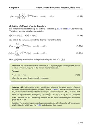 f tnð Þ ¼
1
NΔT
XNÀ1
m¼0
e j
2π
N mnF ωmð Þ, n ¼ 0, . . . , N À 1 ð9:33Þ
Deﬁnition of Discrete Fourier Transform
It is rather inconvenient to keep the factor ΔT in both Eqs. (9.32) and (9.33), respectively.
Therefore, we may introduce the notation
f n½ Š  ΔTf tnð Þ, F m½ Š  F ωmð Þ ð9:34Þ
and obtain the standard form of the discrete Fourier transform
F m½ Š ¼
XNÀ1
n¼0
eÀj
2π
N mnf n½ Š, m ¼ 0, . . . , N À 1 ð9:35aÞ
f n½ Š ¼
1
N
XNÀ1
m¼0
e j
2π
N mnF m½ Š, n ¼ 0, . . . , N À 1 ð9:35bÞ
Here, f [n] may be treated as an impulse having the area of ΔTf(tn).
Exercise 9.10: Establish a relation betweenF N À m½ Šand F[m] for a real signal f(t), which
is called a reversal property of the discrete Fourier transform.
Answer:
F*
N À m½ Š ¼ F m½ Š ð9:36Þ
where the star again denotes complex conjugate.
Example 9.13: It is possible to very signiﬁcantly minimize the actual number of multi-
plications necessary to compute a given DFT in Eqs. (9.35a, b). The DFT so constructed is
the fast Fourier transform (FFT) and inverse fast Fourier transform (IFFT). It works best
when N is a power of two. For a pulse f tð Þ ¼ exp À2 t À 5ð Þ2
 
, 0 s t  10 s, compute
its FFT and then the IFFT and ﬁnally compare the end result with the original pulse form
given that N ¼ 64.
Solution: The solution is conveniently programmed using a few lines of a self-explanatory
MATLAB code, which uses Eq. (9.29) and plots two ﬁnal curves:
Chapter 9 Filter Circuits: Frequency Response, Bode Plots. . .
IX-462
 