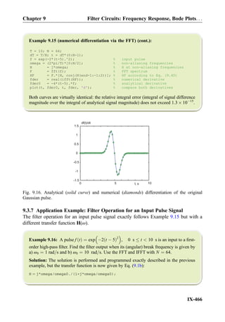 Example 9.15 (numerical differentiation via the FFT) (cont.):
T = 10; N = 64;
dT = T/N; t = dT*(0:N-1);
f = exp(-2*(t-5).^2); % input pulse
omega = (2*pi/T)*[0:N/2]; % non-aliasing frequencies
H = j*omega; % H at non-aliasing frequencies
F = fft(f); % FFT spectrum
HF = F.*[H, conj(H(end-1:-1:2))]; % HF according to Eq. (9.40)
fder = real(ifft(HF)); % numerical derivative
fder0 = -4*(t-5).*f; % analytical derivative
plot(t, fder0, t, fder, 'd'); % compare both derivatives
Both curves are virtually identical: the relative integral error (integral of signal difference
magnitude over the integral of analytical signal magnitude) does not exceed 1.3 Â 10À15
.
9.3.7 Application Example: Filter Operation for an Input Pulse Signal
The ﬁlter operation for an input pulse signal exactly follows Example 9.15 but with a
different transfer function H(ω).
Example 9.16: A pulse f tð Þ ¼ exp À2 t À 5ð Þ2
 
, 0 s t  10 s is an input to a ﬁrst-
order high-pass ﬁlter. Find the ﬁlter output when its (angular) break frequency is given by
a) ω0 ¼ 1 rad=s and b) ω0 ¼ 10 rad=s. Use the FFT and IFFT with N ¼ 64.
Solution: The solution is performed and programmed exactly described in the previous
example, but the transfer function is now given by Eq. (9.1b):
H ¼ j*omega/omega0./(1+j*omega/omega0);
t, s 10
-1.5
-1
-0.5
0
0.5
1
1.5
df(t)/dt
0 5
Fig. 9.16. Analytical (solid curve) and numerical (diamonds) differentiation of the original
Gaussian pulse.
Chapter 9 Filter Circuits: Frequency Response, Bode Plots. . .
IX-466
 