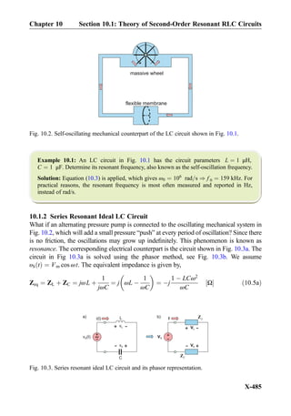 Example 10.1: An LC circuit in Fig. 10.1 has the circuit parameters L ¼ 1 μH,
C ¼ 1 μF. Determine its resonant frequency, also known as the self-oscillation frequency.
Solution: Equation (10.3) is applied, which gives ω0 ¼ 106
rad=s ) f 0 ¼ 159 kHz. For
practical reasons, the resonant frequency is most often measured and reported in Hz,
instead of rad/s.
10.1.2 Series Resonant Ideal LC Circuit
What if an alternating pressure pump is connected to the oscillating mechanical system in
Fig. 10.2, which will add a small pressure “push” at every period of oscillation? Since there
is no friction, the oscillations may grow up indeﬁnitely. This phenomenon is known as
resonance. The corresponding electrical counterpart is the circuit shown in Fig. 10.3a. The
circuit in Fig 10.3a is solved using the phasor method, see Fig. 10.3b. We assume
υS tð Þ ¼ Vm cos ωt. The equivalent impedance is given by,
Zeq ¼ ZL þ ZC ¼ jωL þ
1
jωC
¼ j ωL À
1
ωC
 
¼ Àj
1 À LCω2
ωC
Ω½ Š ð10:5aÞ
massive wheel
flexible membrane
Fig. 10.2. Self-oscillating mechanical counterpart of the LC circuit shown in Fig. 10.1.
Fig. 10.3. Series resonant ideal LC circuit and its phasor representation.
Chapter 10 Section 10.1: Theory of Second-Order Resonant RLC Circuits
X-485
 