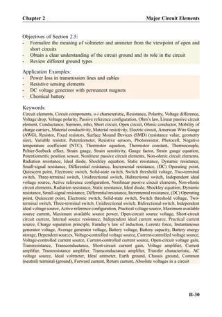Objectives of Section 2.5:
- Formalize the meaning of voltmeter and ammeter from the viewpoint of open and
short circuits
- Obtain a clear understanding of the circuit ground and its role in the circuit
- Review different ground types
Application Examples:
- Power loss in transmission lines and cables
- Resistive sensing elements
- DC voltage generator with permanent magnets
- Chemical battery
Keywords:
Circuit elements, Circuit components, υ-i characteristic, Resistance, Polarity, Voltage difference,
Voltage drop, Voltage polarity, Passive reference conﬁguration, Ohm’s law, Linear passive circuit
element, Conductance, Siemens, mho, Short circuit, Open circuit, Ohmic conductor, Mobility of
charge carriers, Material conductivity, Material resistivity, Electric circuit, American Wire Gauge
(AWG), Resistor, Fixed resistors, Surface Mound Devices (SMD) (resistance value, geometry
size), Variable resistor, Potentiometer, Resistive sensors, Photoresistor, Photocell, Negative
temperature coefﬁcient (NTC), Thermistor equation, Thermistor constant, Thermocouple,
Peltier-Seebeck effect, Strain gauge, Strain sensitivity, Gauge factor, Strain gauge equation,
Potentiometric position sensor, Nonlinear passive circuit elements, Non-ohmic circuit elements,
Radiation resistance, Ideal diode, Shockley equation, Static resistance, Dynamic resistance,
Small-signal resistance, Differential resistance, Incremental resistance, (DC) Operating point,
Quiescent point, Electronic switch, Solid-state switch, Switch threshold voltage, Two-terminal
switch, Three-terminal switch, Unidirectional switch, Bidirectional switch, Independent ideal
voltage source, Active reference conﬁguration, Nonlinear passive circuit elements, Non-ohmic
circuit elements, Radiation resistance, Static resistance, Ideal diode, Shockley equation, Dynamic
resistance, Small-signal resistance, Differential resistance, Incremental resistance, (DC) Operating
point, Quiescent point, Electronic switch, Solid-state switch, Switch threshold voltage, Two-
terminal switch, Three-terminal switch, Unidirectional switch, Bidirectional switch, Independent
ideal voltage source, Active reference conﬁguration, Practical voltage source, Maximum available
source current, Maximum available source power, Open-circuit source voltage, Short-circuit
circuit current, Internal source resistance, Independent ideal current source, Practical current
source, Charge separation principle, Faraday’s law of induction, Lorentz force, Instantaneous
generator voltage, Average generator voltage, Battery voltage, Battery capacity, Battery energy
storage, Dependent sources, Voltage-controlled voltage source, Current-controlled voltage source,
Voltage-controlled current source, Current-controlled current source, Open-circuit voltage gain,
Transresistance, Transconductance, Short-circuit current gain, Voltage ampliﬁer, Current
ampliﬁer, Transresistance ampliﬁer, Transconductance ampliﬁer, Transfer characteristic, AC
voltage source, Ideal voltmeter, Ideal ammeter, Earth ground, Chassis ground, Common
(neutral) terminal (ground), Forward current, Return current, Absolute voltages in a circuit
Chapter 2 Major Circuit Elements
II-30
 