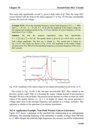 This value may signiﬁcantly exceed Vm given a high value of Q. Thus, the series RLC
circuit formed with the help of the shunt capacitor C in Fig. 10.19b may considerably
increase the received voltage.
Example 10.14: Given the operating frequency (center band frequency) of f 0 ¼ 1 MHz
and Vm ¼ 10 mV, L ¼ 78 μH, R ¼ 10 Ω, plot the amplitude of the output voltage for
the original and modiﬁed circuits in Fig. 10.19 as a function of source frequency over the
band from 0.5 to 1.5 MHz.
Solution: We ﬁnd the required capacitance value ﬁrst. Speciﬁcally,
C ¼ 1= L 2πf 0ð Þ2
 
% 325 pF. The quality factor is given by Q % 49:0. Next, we plot
both voltage amplitudes. The ﬁrst one is simply Vm. The second plot is based on
Eq. (10.33). The results are shown in Fig. 10.20. The amplitude of the output voltage
increases from 10 to 490 mVat the operating frequency f0 (resonant frequency of the series
RLC circuit).
The circuit in Fig. 10.19b is the low-pass second-order RLC ﬁlter studied in the
previous section, right? Why is it boosting the source voltage instead of just passing it
through? The key is the Q-factor. The present circuit operates as a ﬁlter at relatively small
values of the quality factors, i.e., Q 1. At higher Q values, the circuit generates a
voltage spike close to the resonant frequency and operates as a voltage multiplier. This
operation is similar to the operation of an electric transformer.
10.3.4 Application Example: Near-Field Wireless Link in Laboratory
Figure 10.21 shows a prototype of the near-ﬁeld link implemented in an undergraduate
laboratory. The operating frequency of the transmitter is tunable; it ranges from 400 kHz
to 1.2 MHz. Despite this relatively high frequencies, the circuitry can still be implemented
0.5 0.6 0.7 0.8 0.9 1 1.1 1.2 1.3 1.4 1.5
source frequency, MHz
0
100
200
300
400
500
f0
V0
Amplitude of the open-circuit voltage, mV
~QV0
with shunt capacitor C
without capacitor C
Fig. 10.20. Amplitudes of the output voltage for the original and modiﬁed circuits in Fig. 10.19.
Chapter 10 Second-Order RLC Circuits
X-510
 