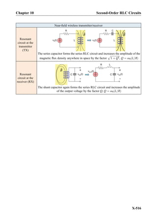 Near-ﬁeld wireless transmitter/receiver
Resonant
circuit at the
transmitter
(TX)
The series capacitor forms the series RLC circuit and increases the amplitude of the
magnetic ﬂux density anywhere in space by the factor
ﬃﬃﬃﬃﬃﬃﬃﬃﬃﬃﬃﬃﬃﬃ
1 þ Q2
p
, Q ¼ ω0 L=Rð Þ
Resonant
circuit at the
receiver (RX)
The shunt capacitor again forms the series RLC circuit and increases the amplitude
of the output voltage by the factor Q, Q ¼ ω0 L=Rð Þ
Chapter 10 Second-Order RLC Circuits
X-516
 