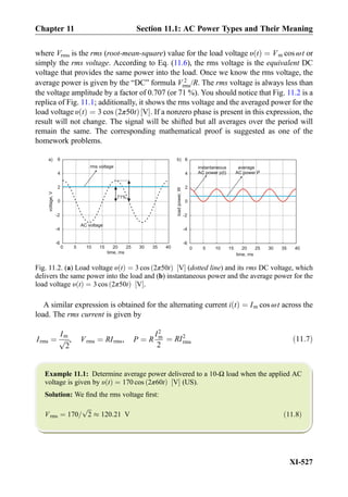 where Vrms is the rms (root-mean-square) value for the load voltage υ tð Þ ¼ Vm cos ωt or
simply the rms voltage. According to Eq. (11.6), the rms voltage is the equivalent DC
voltage that provides the same power into the load. Once we know the rms voltage, the
average power is given by the “DC” formula V 2
rms/R. The rms voltage is always less than
the voltage amplitude by a factor of 0.707 (or 71 %). You should notice that Fig. 11.2 is a
replica of Fig. 11.1; additionally, it shows the rms voltage and the averaged power for the
load voltage υ tð Þ ¼ 3 cos 2π50tð Þ V½ Š. If a nonzero phase is present in this expression, the
result will not change. The signal will be shifted but all averages over the period will
remain the same. The corresponding mathematical proof is suggested as one of the
homework problems.
A similar expression is obtained for the alternating current i tð Þ ¼ Im cos ωt across the
load. The rms current is given by
Irms ¼
Im
ﬃﬃﬃ
2
p , Vrms ¼ RIrms, P ¼ R
I2
m
2
¼ RI2
rms ð11:7Þ
Example 11.1: Determine average power delivered to a 10-Ω load when the applied AC
voltage is given by υ tð Þ ¼ 170 cos 2π60tð Þ V½ Š (US).
Solution: We ﬁnd the rms voltage ﬁrst:
Vrms ¼ 170=
ﬃﬃﬃ
2
p
% 120:21 V ð11:8Þ
0 5 10 15 20 25 30 35 40
time, ms
-6
-4
-2
0
2
4
6
loadpower,W
instantaneous
AC power p(t)
average
AC power P
voltage,V
-6
-4
-2
0
2
4
6
AC voltage
rms voltage
a) b)
71%
0 5 10 15 20 25 30 35 40
time, ms
Fig. 11.2. (a) Load voltage υ tð Þ ¼ 3 cos 2π50tð Þ V½ Š (dotted line) and its rms DC voltage, which
delivers the same power into the load and (b) instantaneous power and the average power for the
load voltage υ tð Þ ¼ 3 cos 2π50tð Þ V½ Š.
Chapter 11 Section 11.1: AC Power Types and Their Meaning
XI-527
 