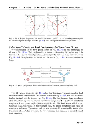 11.3.3 Wye (Y) Source and Load Conﬁgurations for Three-Phase Circuits
The voltage sources in the three-phase system in Fig. 11.13d are now rearranged as
shown in Fig. 11.16a. This conﬁguration is indeed equivalent to the original one; it is
known as the wye (or Y) conﬁguration. Accordingly, the balanced three-phase source in
Fig. 11.16a is the wye-connected source, and the load in Fig. 11.16b is the wye-connected
load.
The AC voltage source in Fig. 11.16a has four terminals. The corresponding load
should also have four terminals. The concept is shown in Fig. 11.16b. This load assembly
is also identical with the topology of Fig. 11.16d. The load includes three impedance
elements (phase impedances or load impedances per phase) Z ¼ Z∠θ with impedance
magnitude Z and phasor angle (power angle) θ each. The load so assembled is the
balanced three-phase load. In the balanced load, the phase impedances are equal in
magnitude and phase. The source and the load are typically connected by (long) wire
transmission lines. When necessary, the wire resistance may be added to each individual
load impedance.
+
-
+
-
anV bnV
cnV
a
b
n
c
A
B
N
C
Z Z
Z
a) b)
transmission line
+
-
Fig. 11.16. Wye conﬁguration for the three-phase source connected to a three-phase load.
0
Re
Im
Vbn
1 2 3
1
2
Van
Vcn
0
Re
Im
Vbn
1 2 3
1
2
Van
Vcn
a) b)
Fig. 11.15. (a) Phasor diagram for the phase sequence0, þ120
, À120
and (b) phasor diagram
for individual phase voltages from Eq. (11.42). Both three-phase sources are equivalent.
Chapter 11 Section 11.3: AC Power Distribution: Balanced Three-Phase. . .
XI-549
 