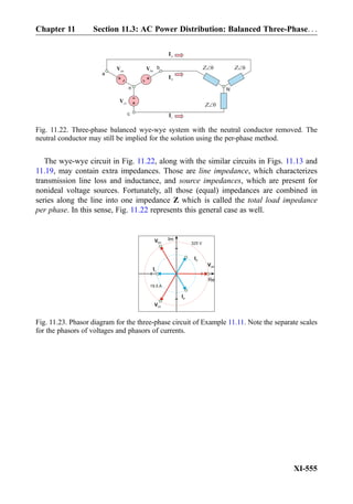 The wye-wye circuit in Fig. 11.22, along with the similar circuits in Figs. 11.13 and
11.19, may contain extra impedances. Those are line impedance, which characterizes
transmission line loss and inductance, and source impedances, which are present for
nonideal voltage sources. Fortunately, all those (equal) impedances are combined in
series along the line into one impedance Z which is called the total load impedance
per phase. In this sense, Fig. 11.22 represents this general case as well.
+
-
+
-
anV bnV
cnV
a
b
c
Z Z
Z
+
-
aI
bI
cI
n N
Fig. 11.22. Three-phase balanced wye-wye system with the neutral conductor removed. The
neutral conductor may still be implied for the solution using the per-phase method.
Re
ImVbn 325 V
Van
Vcn
Ia
Ic
Ib
19.5 A
Fig. 11.23. Phasor diagram for the three-phase circuit of Example 11.11. Note the separate scales
for the phasors of voltages and phasors of currents.
Chapter 11 Section 11.3: AC Power Distribution: Balanced Three-Phase. . .
XI-555
 