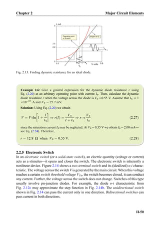 Example 2.6: Give a general expression for the dynamic diode resistance r using
Eq. (2.20) at an arbitrary operating point with current I0. Then, calculate the dynamic
diode resistance r when the voltage across the diode is V0 ¼0.55 V. Assume that IS ¼ 1
Â10À12
A and VT ¼ 25:7 mV.
Solution: Using Eq. (2.20) we obtain
V ¼ VTln 1 þ
I
IS
!
) r Ið Þ ¼
VT
I þ IS
) r %
VT
I0
ð2:27Þ
since the saturation current IS may be neglected. At V0 ¼ 0.55 V we obtain I0 ¼ 2.00 mA—
see Eq. (2.24). Therefore,
r ¼ 12:8 Ω when V0 ¼ 0:55 V: ð2:28Þ
2.2.5 Electronic Switch
In an electronic switch (or a solid-state switch), an electric quantity (voltage or current)
acts as a stimulus—it opens and closes the switch. The electronic switch is inherently a
nonlinear device. Figure 2.14 shows a two-terminal switch and its (idealized) υ-i charac-
teristic. The voltage across the switch Vis generated by the main circuit. When this voltage
reaches a certain switch threshold voltage VTh, the switch becomes closed, it can conduct
any current. Further, the voltage across the switch does not change. Switches of this type
usually involve pn-junction diodes. For example, the diode υ-i characteristic from
Fig. 2.12c may approximate the step function in Fig. 2.14b. The unidirectional switch
shown in Fig. 2.14 can pass the current only in one direction. Bidirectional switches can
pass current in both directions.
Operating point
or Q-point
i
0.5
0
2.5
5
1/r
tangent at Q
I0
I, mA
V, voltsv
V0
0.6
2.0
Fig. 2.13. Finding dynamic resistance for an ideal diode.
Chapter 2 Major Circuit Elements
II-50
 