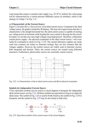 water pump that creates a constant water supply (e.g., 0.5 ft3
/s). Indeed, this water pump
will be characterized by a certain pressure difference across its terminals, which is the
analogy of voltage V in Fig. 2.21.
υ-i Characteristic of the Current Source
Figure 2.22a plots the υ-i characteristic of an ideal current source. Compared to the ideal
voltage source, the graph is rotated by 90 degrees. The term ideal again means that the υ-i
characteristic is the straight horizontal line: the ideal current source is capable of creating
any voltage across its terminals while keeping the same current IS ﬂowing into the circuit.
In reality, it is not the case since high voltages mean high powers. Therefore, a laboratory
current power supply—the physical counterpart of the ideal current source—will even-
tually be overloaded as shown in Fig. 2.17b. The current laboratory supplies are rarely
used (one common use relates to transistor testing); they are less common than the
voltages supplies. However, the current sources are widely used in transistor circuits,
both integrated and discrete. There, the current sources are created using dedicated
transistors. Furthermore, photovoltaic sources are essentially current sources.
Symbols for Independent Current Source
A few equivalent symbols may be used in a circuit diagram to designate the independent
ideal current source; see Fig. 2.23. All these symbols are equivalent as long as we imply the
ideal source. The symbol in Fig. 2.23a is used in North America, the symbol in Fig. 2.23b is
European, and the symbol in Fig. 2.23 may be also found in older texts.
I
V
0
a) I
V
0
b)
overload
IS IS
Fig. 2.22. υ-i Characteristics of (a) an ideal current source and (b) its physical counterpart.
a) b) c)
1 mA
=
1 mA 1 mA
=
Fig. 2.23. Equivalent symbols of the current source in the circuit diagram.
Chapter 2 Major Circuit Elements
II-56
 
