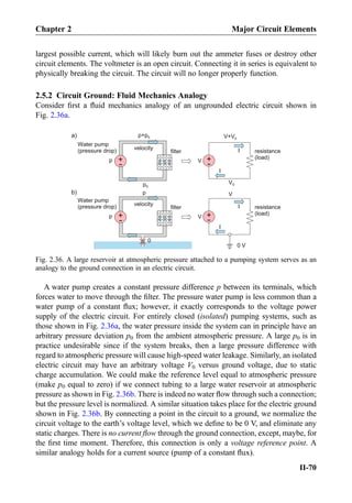 largest possible current, which will likely burn out the ammeter fuses or destroy other
circuit elements. The voltmeter is an open circuit. Connecting it in series is equivalent to
physically breaking the circuit. The circuit will no longer properly function.
2.5.2 Circuit Ground: Fluid Mechanics Analogy
Consider ﬁrst a ﬂuid mechanics analogy of an ungrounded electric circuit shown in
Fig. 2.36a.
A water pump creates a constant pressure difference p between its terminals, which
forces water to move through the ﬁlter. The pressure water pump is less common than a
water pump of a constant ﬂux; however, it exactly corresponds to the voltage power
supply of the electric circuit. For entirely closed (isolated) pumping systems, such as
those shown in Fig. 2.36a, the water pressure inside the system can in principle have an
arbitrary pressure deviation p0 from the ambient atmospheric pressure. A large p0 is in
practice undesirable since if the system breaks, then a large pressure difference with
regard to atmospheric pressure will cause high-speed water leakage. Similarly, an isolated
electric circuit may have an arbitrary voltage V0 versus ground voltage, due to static
charge accumulation. We could make the reference level equal to atmospheric pressure
(make p0 equal to zero) if we connect tubing to a large water reservoir at atmospheric
pressure as shown in Fig. 2.36b. There is indeed no water ﬂow through such a connection;
but the pressure level is normalized. A similar situation takes place for the electric ground
shown in Fig. 2.36b. By connecting a point in the circuit to a ground, we normalize the
circuit voltage to the earth’s voltage level, which we deﬁne to be 0 V, and eliminate any
static charges. There is no current ﬂow through the ground connection, except, maybe, for
the ﬁrst time moment. Therefore, this connection is only a voltage reference point. A
similar analogy holds for a current source (pump of a constant ﬂux).
+
-Vp +
-
Water pump
(pressure drop) filter
p+p0
I
p0
V+V0
V0
resistance
(load)
velocity
a)
0 V
I
+
-Vp +
-
Water pump
(pressure drop) filter
p
I
V
resistance
(load)
velocity
b)
I
0
Fig. 2.36. A large reservoir at atmospheric pressure attached to a pumping system serves as an
analogy to the ground connection in an electric circuit.
Chapter 2 Major Circuit Elements
II-70
 