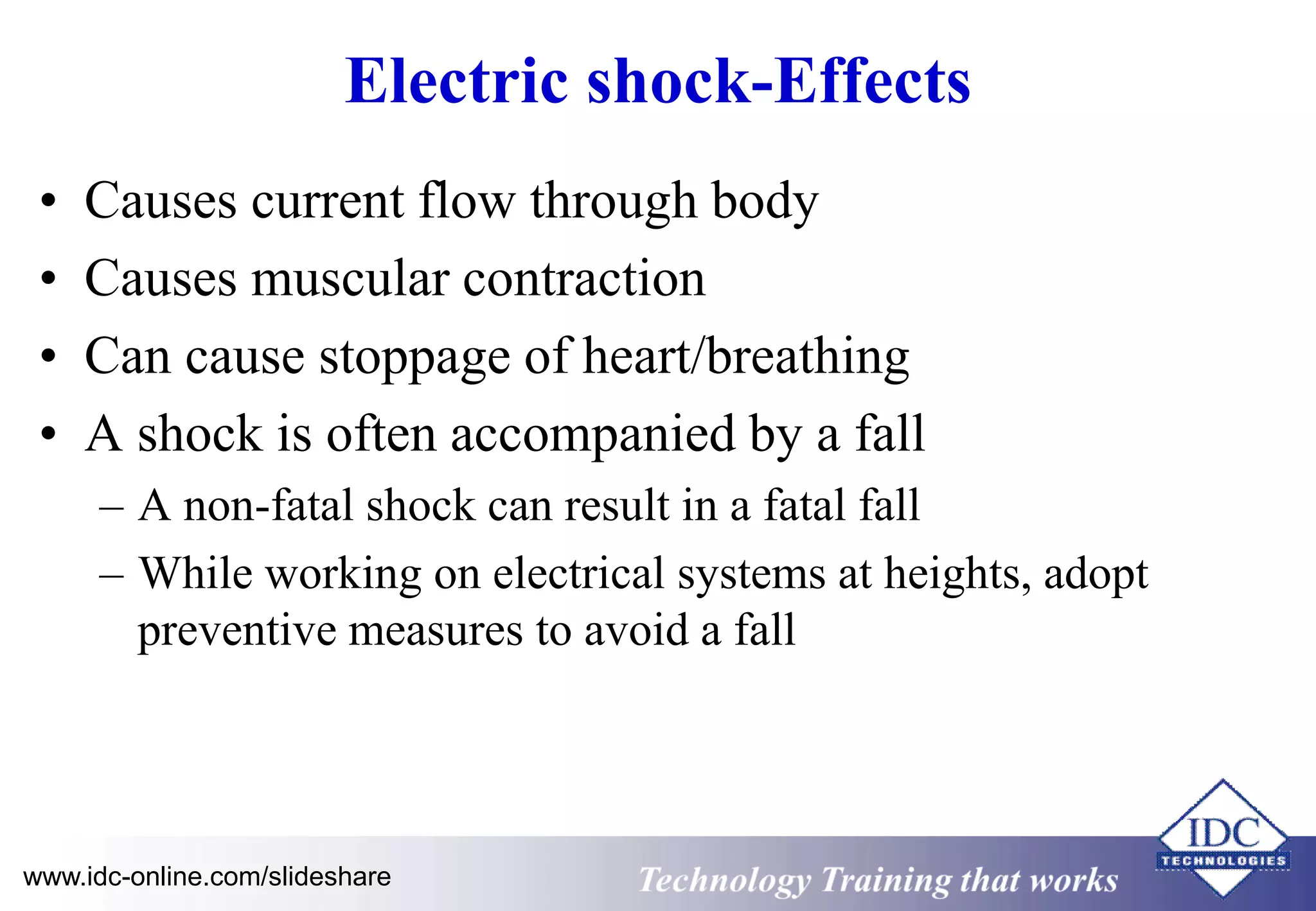 Electric shock-Effects 
• Causes current flow through body 
• Causes muscular contraction 
• Can cause stoppage of heart/breathing 
• A shock is often accompanied by a fall 
– A non-fatal shock can result in a fatal fall 
– While working on electrical systems at heights, adopt 
preventive measures to avoid a fall 
www.idc-online.com/slideshare Technology Training that Works 
 