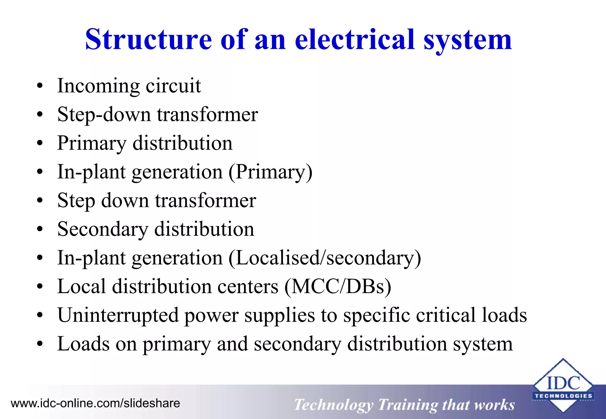Structure of an electrical system 
• Incoming circuit 
• Step-down transformer 
• Primary distribution 
• In-plant generation (Primary) 
• Step down transformer 
• Secondary distribution 
• In-plant generation (Localised/secondary) 
• Local distribution centers (MCC/DBs) 
• Uninterrupted power supplies to specific critical loads 
• Loads on primary and secondary distribution system 
www.idc-online.com/slideshare Technology Training that Works 
 