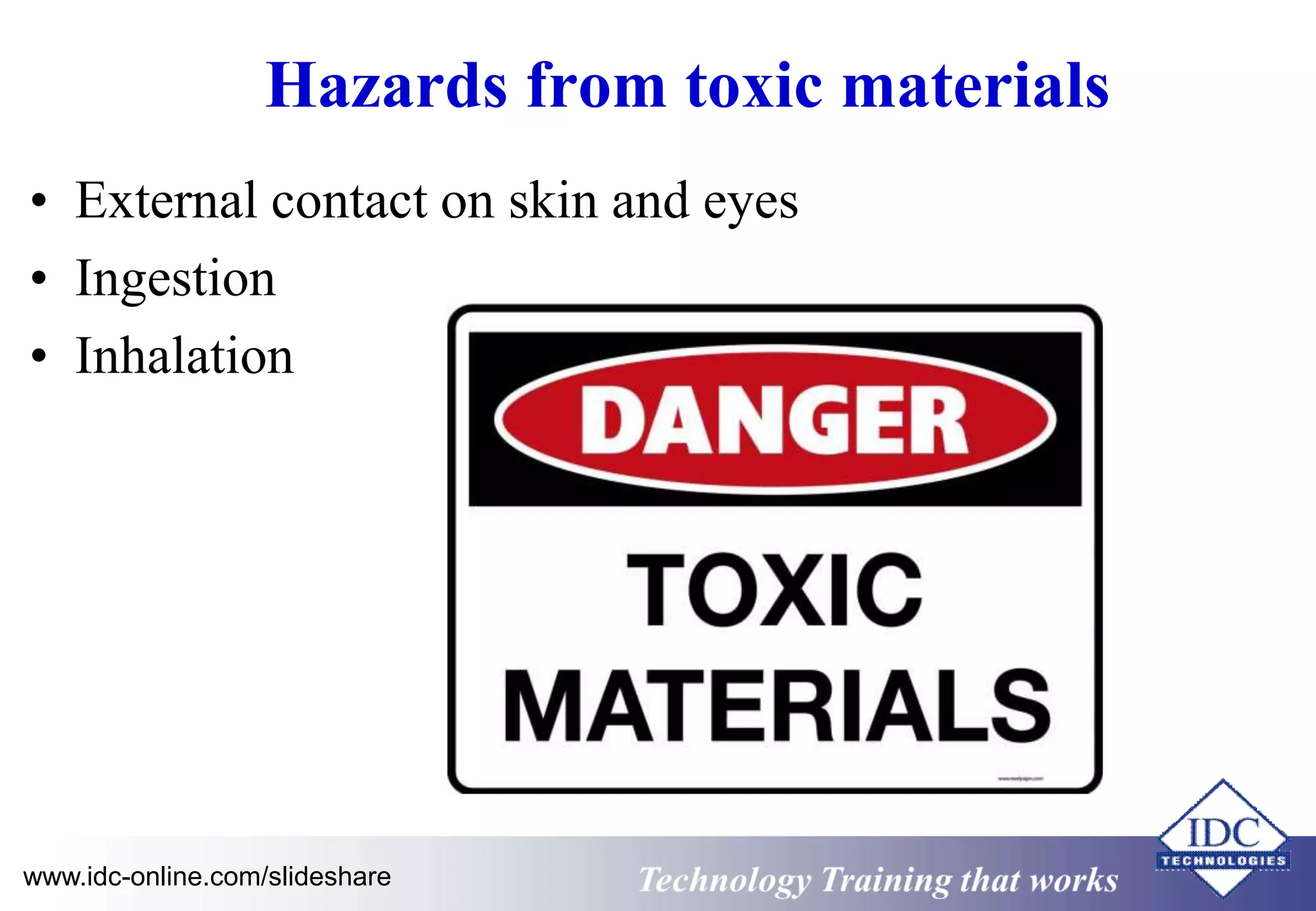 Hazards from toxic materials 
• External contact on skin and eyes 
• Ingestion 
• Inhalation 
www.idc-online.com/slideshare Technology Training that Works 
 