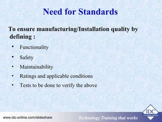 Need for Standards 
To ensure manufacturing/Installation quality by 
defining : 
• Functionality 
• Safety 
• Maintainability 
• Ratings and applicable conditions 
• Tests to be done to verify the above 
Technology www.idc-online.com/slideshare TTeecchhnnoollooggyy TTTrrraaaiiinnniiinnnggg ttthhhaaattt WWwooorrrkkksss 
 