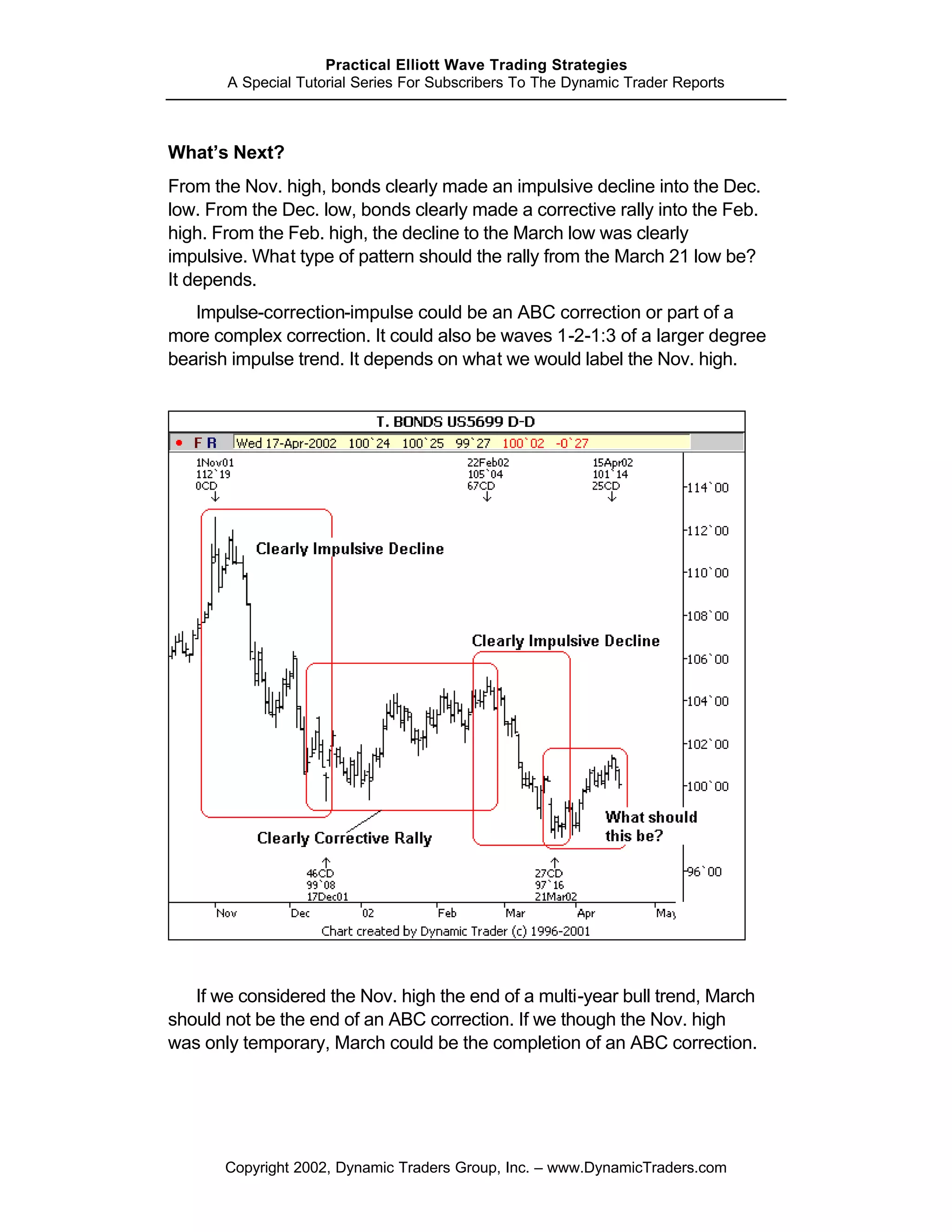 Practical Elliott Wave Trading Strategies
       A Special Tutorial Series For Subscribers To The Dynamic Trader Reports



What’s Next?
From the Nov. high, bonds clearly made an impulsive decline into the Dec.
low. From the Dec. low, bonds clearly made a corrective rally into the Feb.
high. From the Feb. high, the decline to the March low was clearly
impulsive. What type of pattern should the rally from the March 21 low be?
It depends.
   Impulse-correction-impulse could be an ABC correction or part of a
more complex correction. It could also be waves 1-2-1:3 of a larger degree
bearish impulse trend. It depends on what we would label the Nov. high.




   If we considered the Nov. high the end of a multi-year bull trend, March
should not be the end of an ABC correction. If we though the Nov. high
was only temporary, March could be the completion of an ABC correction.




       Copyright 2002, Dynamic Traders Group, Inc. – www.DynamicTraders.com
 