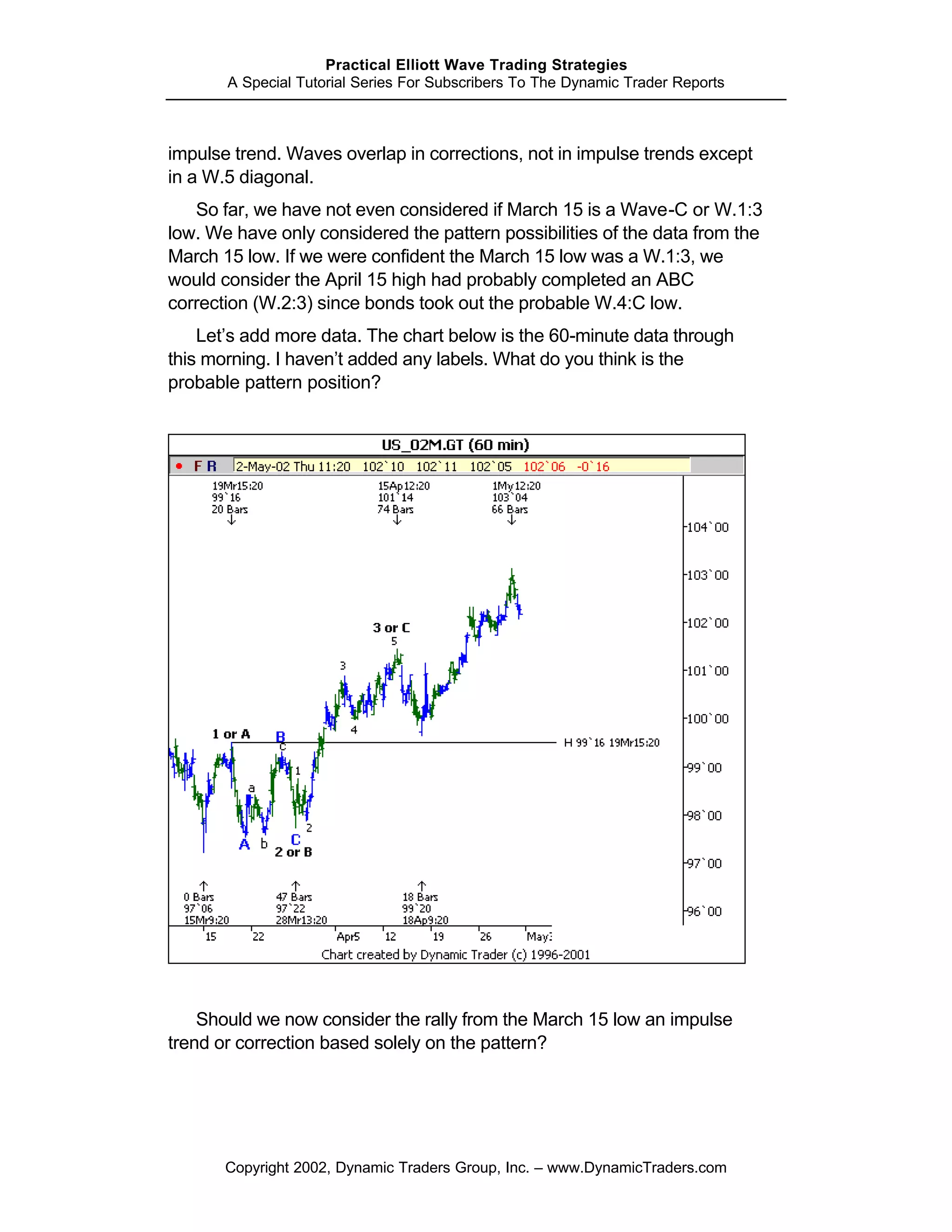 Practical Elliott Wave Trading Strategies
       A Special Tutorial Series For Subscribers To The Dynamic Trader Reports



impulse trend. Waves overlap in corrections, not in impulse trends except
in a W.5 diagonal.
   So far, we have not even considered if March 15 is a Wave-C or W.1:3
low. We have only considered the pattern possibilities of the data from the
March 15 low. If we were confident the March 15 low was a W.1:3, we
would consider the April 15 high had probably completed an ABC
correction (W.2:3) since bonds took out the probable W.4:C low.
    Let’s add more data. The chart below is the 60-minute data through
this morning. I haven’t added any labels. What do you think is the
probable pattern position?




    Should we now consider the rally from the March 15 low an impulse
trend or correction based solely on the pattern?




       Copyright 2002, Dynamic Traders Group, Inc. – www.DynamicTraders.com
 
