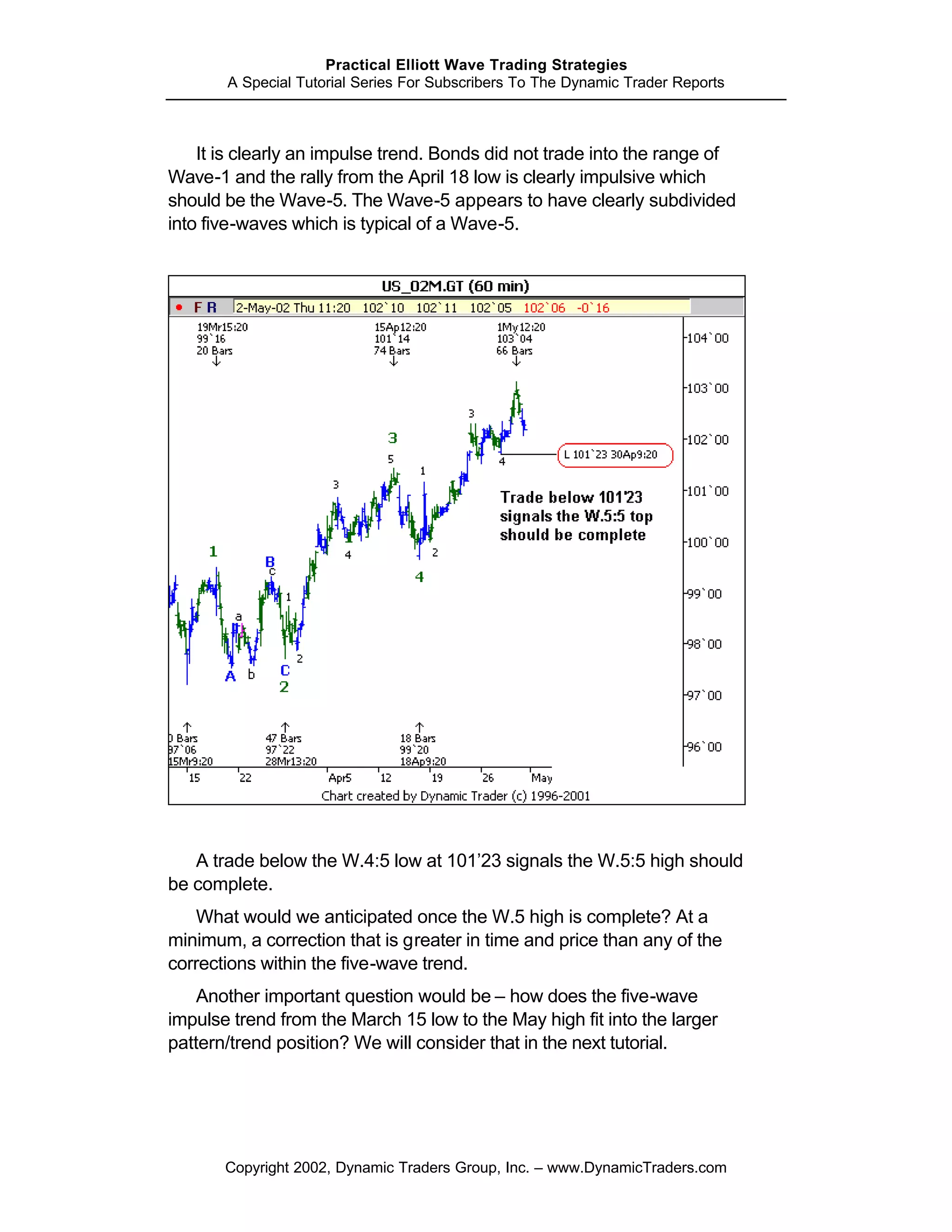 Practical Elliott Wave Trading Strategies
       A Special Tutorial Series For Subscribers To The Dynamic Trader Reports



    It is clearly an impulse trend. Bonds did not trade into the range of
Wave-1 and the rally from the April 18 low is clearly impulsive which
should be the Wave-5. The Wave-5 appears to have clearly subdivided
into five-waves which is typical of a Wave-5.




   A trade below the W.4:5 low at 101’23 signals the W.5:5 high should
be complete.
    What would we anticipated once the W.5 high is complete? At a
minimum, a correction that is greater in time and price than any of the
corrections within the five-wave trend.
    Another important question would be – how does the five-wave
impulse trend from the March 15 low to the May high fit into the larger
pattern/trend position? We will consider that in the next tutorial.




       Copyright 2002, Dynamic Traders Group, Inc. – www.DynamicTraders.com
 