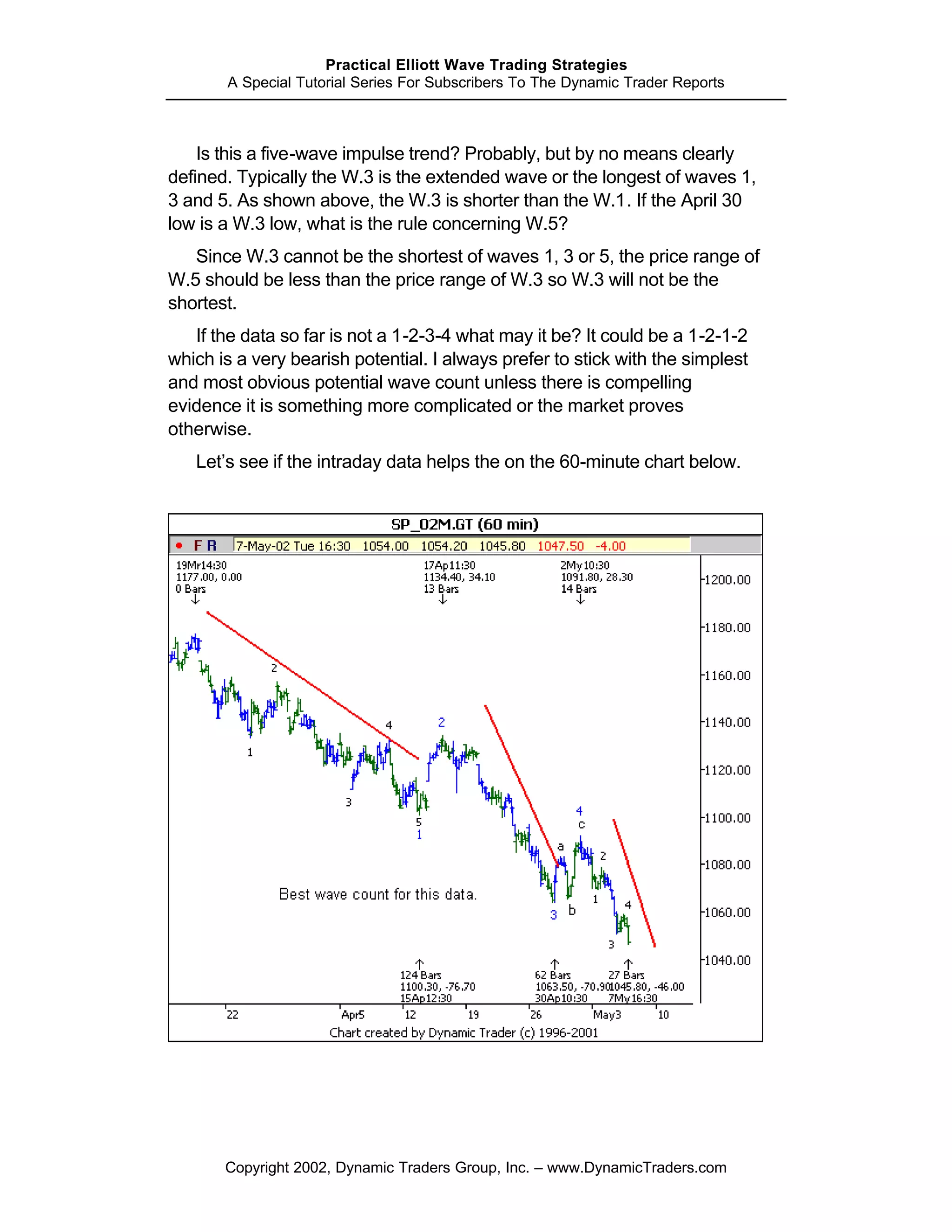 Practical Elliott Wave Trading Strategies
       A Special Tutorial Series For Subscribers To The Dynamic Trader Reports



    Is this a five-wave impulse trend? Probably, but by no means clearly
defined. Typically the W.3 is the extended wave or the longest of waves 1,
3 and 5. As shown above, the W.3 is shorter than the W.1. If the April 30
low is a W.3 low, what is the rule concerning W.5?
   Since W.3 cannot be the shortest of waves 1, 3 or 5, the price range of
W.5 should be less than the price range of W.3 so W.3 will not be the
shortest.
   If the data so far is not a 1-2-3-4 what may it be? It could be a 1-2-1-2
which is a very bearish potential. I always prefer to stick with the simplest
and most obvious potential wave count unless there is compelling
evidence it is something more complicated or the market proves
otherwise.
   Let’s see if the intraday data helps the on the 60-minute chart below.




       Copyright 2002, Dynamic Traders Group, Inc. – www.DynamicTraders.com
 