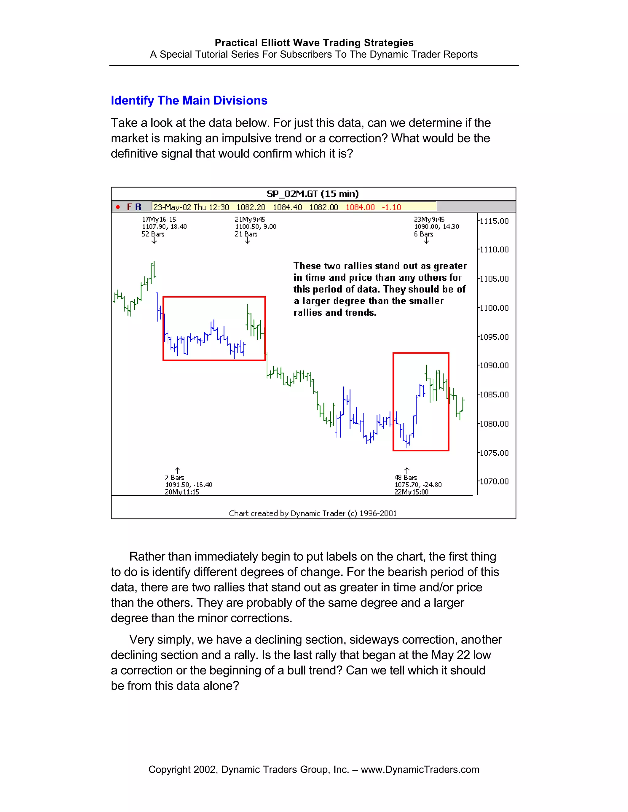 Practical Elliott Wave Trading Strategies
       A Special Tutorial Series For Subscribers To The Dynamic Trader Reports



Identify The Main Divisions
Take a look at the data below. For just this data, can we determine if the
market is making an impulsive trend or a correction? What would be the
definitive signal that would confirm which it is?




    Rather than immediately begin to put labels on the chart, the first thing
to do is identify different degrees of change. For the bearish period of this
data, there are two rallies that stand out as greater in time and/or price
than the others. They are probably of the same degree and a larger
degree than the minor corrections.
    Very simply, we have a declining section, sideways correction, another
declining section and a rally. Is the last rally that began at the May 22 low
a correction or the beginning of a bull trend? Can we tell which it should
be from this data alone?




       Copyright 2002, Dynamic Traders Group, Inc. – www.DynamicTraders.com
 