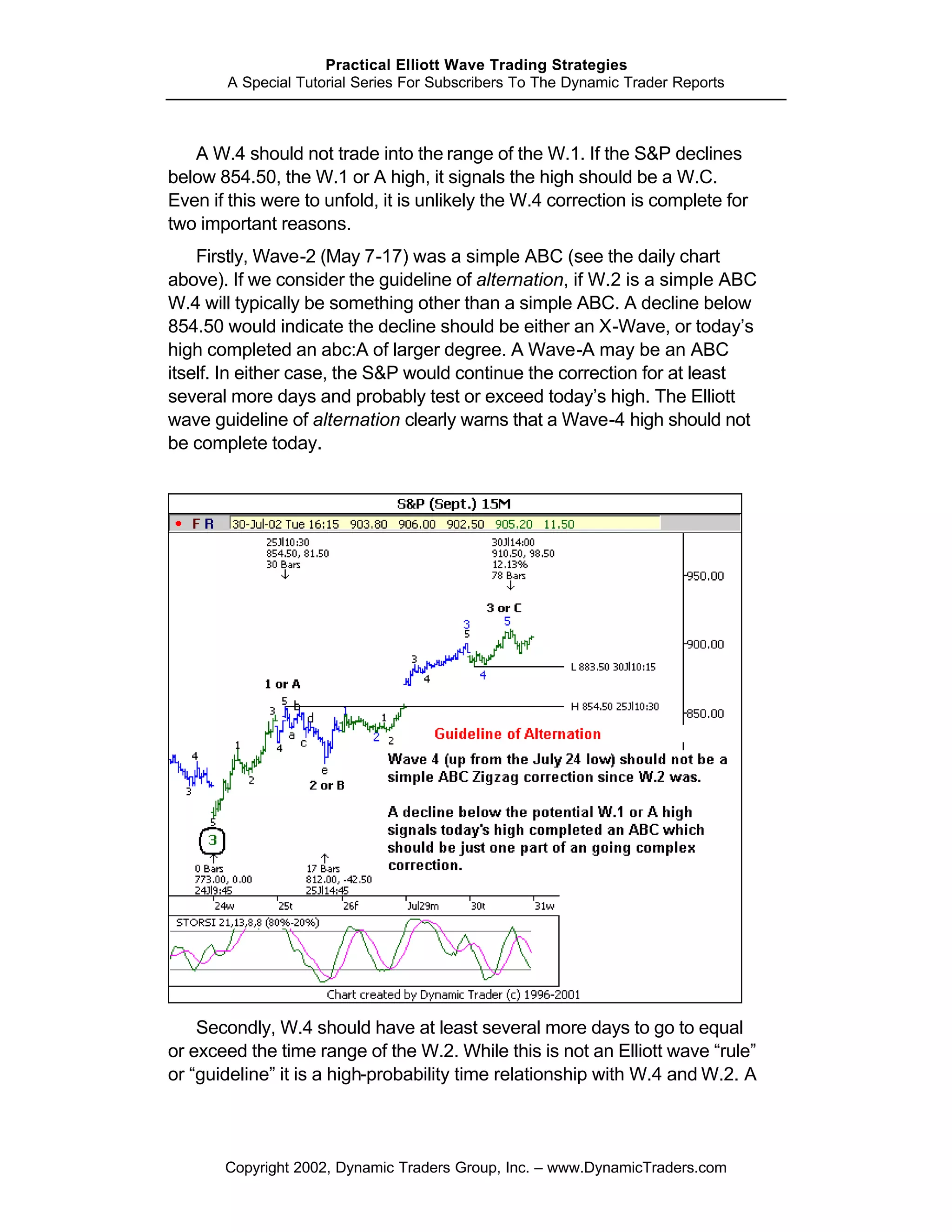 Practical Elliott Wave Trading Strategies
        A Special Tutorial Series For Subscribers To The Dynamic Trader Reports



   A W.4 should not trade into the range of the W.1. If the S&P declines
below 854.50, the W.1 or A high, it signals the high should be a W.C.
Even if this were to unfold, it is unlikely the W.4 correction is complete for
two important reasons.
    Firstly, Wave-2 (May 7-17) was a simple ABC (see the daily chart
above). If we consider the guideline of alternation, if W.2 is a simple ABC
W.4 will typically be something other than a simple ABC. A decline below
854.50 would indicate the decline should be either an X-Wave, or today’s
high completed an abc:A of larger degree. A Wave-A may be an ABC
itself. In either case, the S&P would continue the correction for at least
several more days and probably test or exceed today’s high. The Elliott
wave guideline of alternation clearly warns that a Wave-4 high should not
be complete today.




    Secondly, W.4 should have at least several more days to go to equal
or exceed the time range of the W.2. While this is not an Elliott wave “rule”
or “guideline” it is a high-probability time relationship with W.4 and W.2. A



       Copyright 2002, Dynamic Traders Group, Inc. – www.DynamicTraders.com
 