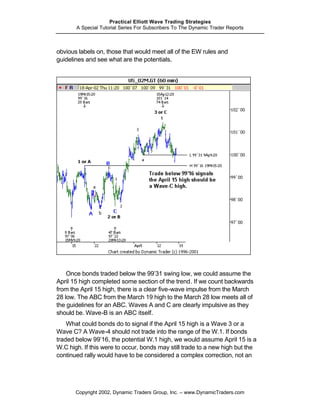 Practical Elliott Wave Trading Strategies
       A Special Tutorial Series For Subscribers To The Dynamic Trader Reports



obvious labels on, those that would meet all of the EW rules and
guidelines and see what are the potentials.




    Once bonds traded below the 99’31 swing low, we could assume the
April 15 high completed some section of the trend. If we count backwards
from the April 15 high, there is a clear five-wave impulse from the March
28 low. The ABC from the March 19 high to the March 28 low meets all of
the guidelines for an ABC. Waves A and C are clearly impulsive as they
should be. Wave-B is an ABC itself.
    What could bonds do to signal if the April 15 high is a Wave 3 or a
Wave C? A Wave-4 should not trade into the range of the W.1. If bonds
traded below 99’16, the potential W.1 high, we would assume April 15 is a
W.C high. If this were to occur, bonds may still trade to a new high but the
continued rally would have to be considered a complex correction, not an




       Copyright 2002, Dynamic Traders Group, Inc. – www.DynamicTraders.com
 