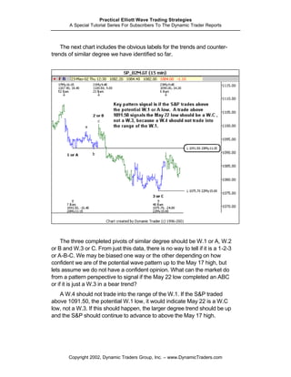 Practical Elliott Wave Trading Strategies
        A Special Tutorial Series For Subscribers To The Dynamic Trader Reports



    The next chart includes the obvious labels for the trends and counter-
trends of similar degree we have identified so far.




     The three completed pivots of similar degree should be W.1 or A, W.2
or B and W.3 or C. From just this data, there is no way to tell if it is a 1-2-3
or A-B-C. We may be biased one way or the other depending on how
confident we are of the potential wave pattern up to the May 17 high, but
lets assume we do not have a confident opinion. What can the market do
from a pattern perspective to signal if the May 22 low completed an ABC
or if it is just a W.3 in a bear trend?
   A W.4 should not trade into the range of the W.1. If the S&P traded
above 1091.50, the potential W.1 low, it would indicate May 22 is a W.C
low, not a W.3. If this should happen, the larger degree trend should be up
and the S&P should continue to advance to above the May 17 high.




       Copyright 2002, Dynamic Traders Group, Inc. – www.DynamicTraders.com
 