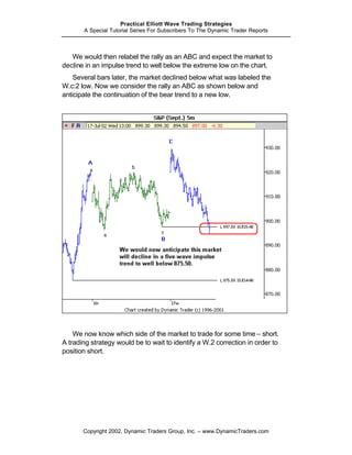 Practical Elliott Wave Trading Strategies
       A Special Tutorial Series For Subscribers To The Dynamic Trader Reports



   We would then relabel the rally as an ABC and expect the market to
decline in an impulse trend to well below the extreme low on the chart.
    Several bars later, the market declined below what was labeled the
W.c:2 low. Now we consider the rally an ABC as shown below and
anticipate the continuation of the bear trend to a new low.




    We now know which side of the market to trade for some time – short.
A trading strategy would be to wait to identify a W.2 correction in order to
position short.




       Copyright 2002, Dynamic Traders Group, Inc. – www.DynamicTraders.com
 