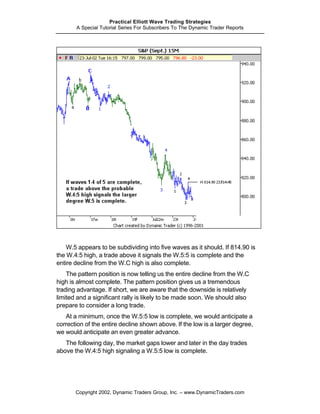 Practical Elliott Wave Trading Strategies
       A Special Tutorial Series For Subscribers To The Dynamic Trader Reports




    W.5 appears to be subdividing into five waves as it should. If 814.90 is
the W.4:5 high, a trade above it signals the W.5:5 is complete and the
entire decline from the W.C high is also complete.
    The pattern position is now telling us the entire decline from the W.C
high is almost complete. The pattern position gives us a tremendous
trading advantage. If short, we are aware that the downside is relatively
limited and a significant rally is likely to be made soon. We should also
prepare to consider a long trade.
   At a minimum, once the W.5:5 low is complete, we would anticipate a
correction of the entire decline shown above. If the low is a larger degree,
we would anticipate an even greater advance.
   The following day, the market gaps lower and later in the day trades
above the W.4:5 high signaling a W.5:5 low is complete.




       Copyright 2002, Dynamic Traders Group, Inc. – www.DynamicTraders.com
 