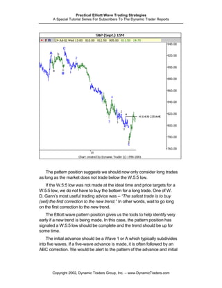 Practical Elliott Wave Trading Strategies
       A Special Tutorial Series For Subscribers To The Dynamic Trader Reports




    The pattern position suggests we should now only consider long trades
as long as the market does not trade below the W.5:5 low.
    If the W.5:5 low was not made at the ideal time and price targets for a
W.5:5 low, we do not have to buy the bottom for a long trade. One of W.
D. Gann’s most useful trading advice was – “The safest trade is to buy
(sell) the first correction to the new trend.” In other words, wait to go long
on the first correction to the new trend.
    The Elliott wave pattern position gives us the tools to help identify very
early if a new trend is being made. In this case, the pattern position has
signaled a W.5:5 low should be complete and the trend should be up for
some time.
    The initial advance should be a Wave 1 or A which typically subdivides
into five waves. If a five-wave advance is made, it is often followed by an
ABC correction. We would be alert to the pattern of the advance and initial




       Copyright 2002, Dynamic Traders Group, Inc. – www.DynamicTraders.com
 