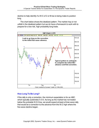 Practical Elliott Wave Trading Strategies
       A Special Tutorial Series For Subscribers To The Dynamic Trader Reports



decline to help identify if a W.C of 2 or B low is being make to position
long.
   The chart below shows the idealized pattern. The market may or not
unfold in the idealized pattern but we do have a framework to work with to
prepare for a low risk, high probability long trade.




How Long To Be Long?
If the rally is only a correction, the minimum expectation is for an ABC
which typically subdivides 5-3-5. As long as the market has not traded
below the probable W.5:5 low, we would expect at least a three wave rally
that would be a correction to the advance from the W.C high where the
five-wave decline began.




       Copyright 2002, Dynamic Traders Group, Inc. – www.DynamicTraders.com
 