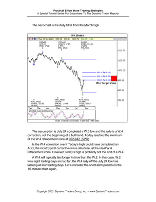 Practical Elliott Wave Trading Strategies
       A Special Tutorial Series For Subscribers To The Dynamic Trader Reports



   The next chart is the daily SPX from the March high.




    The assumption is July 24 completed a W.3 low and the rally is a W.4
correction, not the beginning of a bull trend. Today reached the minimum
of the W.4 retracement zone at 902-942 (SPX).
    Is the W.4 correction over? Today’s high could have completed an
ABC, the most typical corrective wave structure, at the ideal W.4
retracement zone. However, today’s high is probably not the end of a W.4.
    A W.4 will typically last longer in time than the W.2. In this case, W.2
was eight trading days and so far, the W.4 rally off the July 24 low has
lasted just four trading days. Let’s consider the short-term pattern on the
15-minute chart again.




       Copyright 2002, Dynamic Traders Group, Inc. – www.DynamicTraders.com
 
