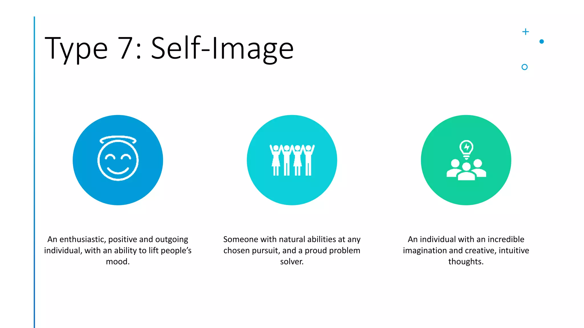 Type 7: Self-Image
An enthusiastic, positive and outgoing
individual, with an ability to lift people’s
mood.
Someone with natural abilities at any
chosen pursuit, and a proud problem
solver.
An individual with an incredible
imagination and creative, intuitive
thoughts.
 
