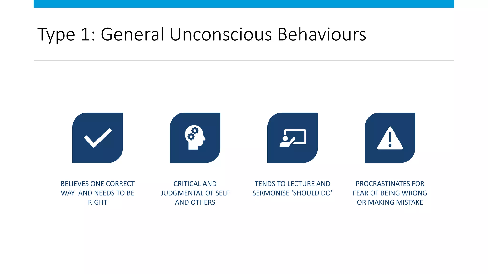 Type 1: General Unconscious Behaviours
BELIEVES ONE CORRECT
WAY AND NEEDS TO BE
RIGHT
CRITICAL AND
JUDGMENTAL OF SELF
AND OTHERS
TENDS TO LECTURE AND
SERMONISE ‘SHOULD DO’
PROCRASTINATES FOR
FEAR OF BEING WRONG
OR MAKING MISTAKE
 