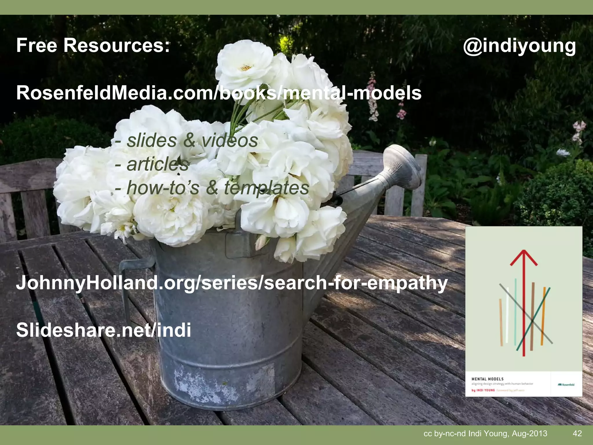 cc by-nc-nd Indi Young, Aug-2013 42
Free Resources:
RosenfeldMedia.com/books/mental-models
- slides & videos
- articles
- how-to’s & templates
JohnnyHolland.org/series/search-for-empathy
Slideshare.net/indi
@indiyoung
 