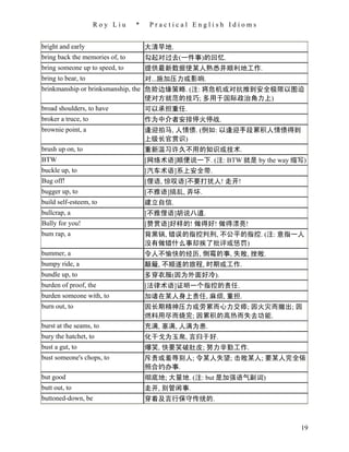 Roy Liu     *    Practical English Idioms


bright and early                     大清早地.
bring back the memories of, to       勾起对过去(一件事)的回忆.
bring someone up to speed, to        提供最新数据使某人熟悉并顺利地工作.
bring to bear, to                    对...施加压力或影响.
brinkmanship or brinksmanship, the 危险边缘策略. (注: 将危机或对抗推到安全极限以图迫
                                   使对方就范的技巧; 多用于国际政治角力上)
broad shoulders, to have           可以承担重任.
broker a truce, to                   作为中介者安排停火停战.
brownie point, a                     逢迎拍马, 人情债. (例如: 以逢迎手段累积人情债得到
                                     上级长官赏识)
brush up on, to                      重新温习许久不用的知识或技术.
BTW                                  [网络术语]顺便说一下. (注: BTW 就是 by the way 缩写)
buckle up, to                        [汽车术语]系上安全带.
Bug off!                             [俚语, 惊叹语]不要打扰人! 走开!
bugger up, to                        [不雅语]搞乱, 弄坏.
build self-esteem, to                建立自信.
bullcrap, a                          [不雅俚语]胡说八道.
Bully for you!                       [赞赏语]好样的! 做得好! 做得漂亮!
bum rap, a                           背黑锅, 错误的指控判刑, 不公平的指控. (注: 意指一人
                                     没有做错什么事却挨了批评或惩罚)
bummer, a                            令人不愉快的经历, 倒霉的事, 失败, 挫败.
bumpy ride, a                        颠簸, 不顺遂的旅程, 时期或工作.
bundle up, to                        多穿衣服(因为外面好冷).
burden of proof, the                 [法律术语]证明一个指控的责任.
burden someone with, to              加诸在某人身上责任, 麻烦, 重担.
burn out, to                         因长期精神压力或劳累而心力交瘁; 因火灾而撤出; 因
                                     燃料用尽而烧完; 因累积的高热而失去功能.
burst at the seams, to               充满, 塞满, 人满为患.
bury the hatchet, to                 化干戈为玉帛, 言归于好.
bust a gut, to                       爆笑, 快要笑破肚皮; 努力辛勤工作.
bust someone's chops, to             斥责或羞辱别人; 令某人失望; 击败某人; 要某人完全依
                                     照合约办事.
but good                             彻底地; 大量地. (注: but 是加强语气副词)
butt out, to                         走开, 别管闲事.
buttoned-down, be                    穿着及言行保守传统的.



                                                                         19
 
