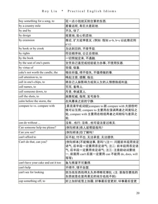 Roy Liu          *    Practical English Idioms


buy something for a song, to              花一点小钱就买到合算的东西.
by a country mile                         差着远呢, 有巨大差距地.
by and by                                 不久, 快了.
by design                                 故意地, 处心积虑地.
by extension                              推论, 扩大延伸意义. (例如: 假如 a=b, b=c 以此推论则
                                          a=c)
by hook or by crook                       为达到目的, 不择手段.
by rights                                 符合顺序地, 公正合理地.
by the book                               一切照规定来, 不通融.
by the seat of one's pants                全凭自己直觉或经验能力办事; 不使用仪器.
by virtue of                              凭借, 依靠.
cake's not worth the candle, the          物非所值, 得不偿失, 不值得做的事.
call attention to, to                     唤起注意, 提醒, 指出.
call in one's chips, to                   将自己人脉影响力或别人欠的人情债换成利益.
call names, to                            咒骂, 羞辱人.
call someone down, to                     斥责, 申诫某人.
call the shots, to                        施展权威, 指挥, 发号施令.
calm before the storm, the                在风暴来之前的宁静.
compare to vs. compare with               [易混淆字或词组]compare to 跟 compare with 大部份时
                                          候可以互用; compare to 主要用在强调两者之间类似之
                                          处, compare with 主要用在检视两者之间相似与差异之
                                          处.
can do without ...                        没有...也行; 没有...也可设法度过难关.
Can someone help me please?               [例句样本]有人能帮助我吗?
Can you see?                              [例句样本]你了解吗?
can't afford to                           买不起, 付不出, 无法承受, 无法提供.
Can't do that, can you?                   [例句样本]不能做这事, 是吗? (注一: 问题前半段用肯定
                                          语气, 后半段一定要用否定语气; 注二: 前半段用否定语
                                          气, 后半段一定要用肯定语气; 注三: 注意助动词要统
                                          一, 前面用 can't 后面一定要用 can 不能用 do, does, will
                                          等等)
can't have your cake and eat it too       鱼与熊掌不可兼得.
can't help                                不得不, 情不自禁.
can't see for looking                     因为找东西找得太久弄得眼花撩乱. (注: 意指你要找的
                                          东西就是在显而易见的地方也找不到)
cap something off, to                     好上加好或雪上加霜; 好事最后变更好, 坏事最后变更


                                                                                  20
 